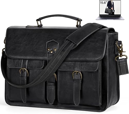 RAINSMORE Bolsa tipo mensajero para hombre, 15.6 pulgadas, de piel vintage, maletín grande para laptop, impermeable, bolsa de hombro para oficina,