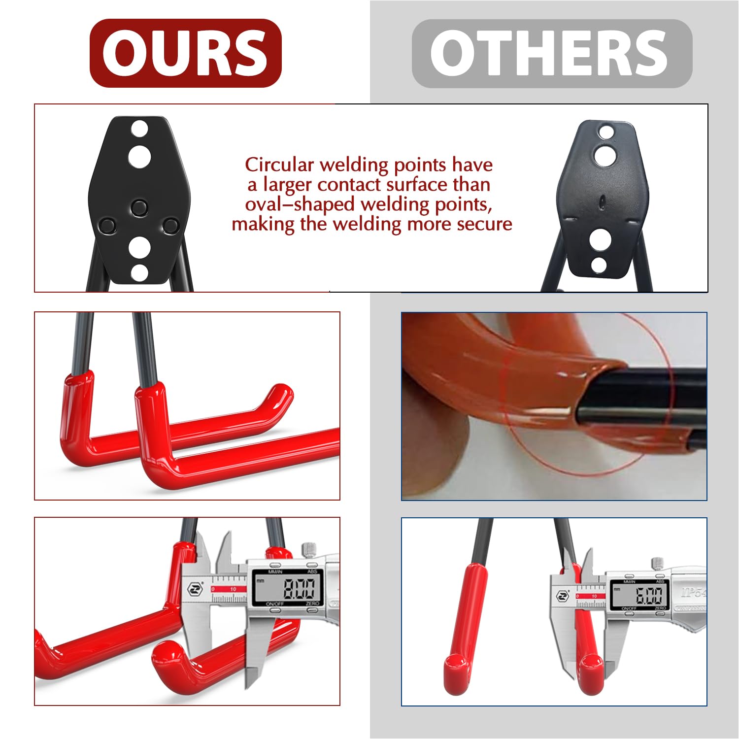 3-H 3-H Garage Hooks Heavy Duty, Tool Hangers for Garage Wall Hooks 14PC, Skateboard Wall Mount with 3 Welding Spot for Organizing Power and Garden Tools, Ladder, Ropes, Chair, Shovel (Red) in use