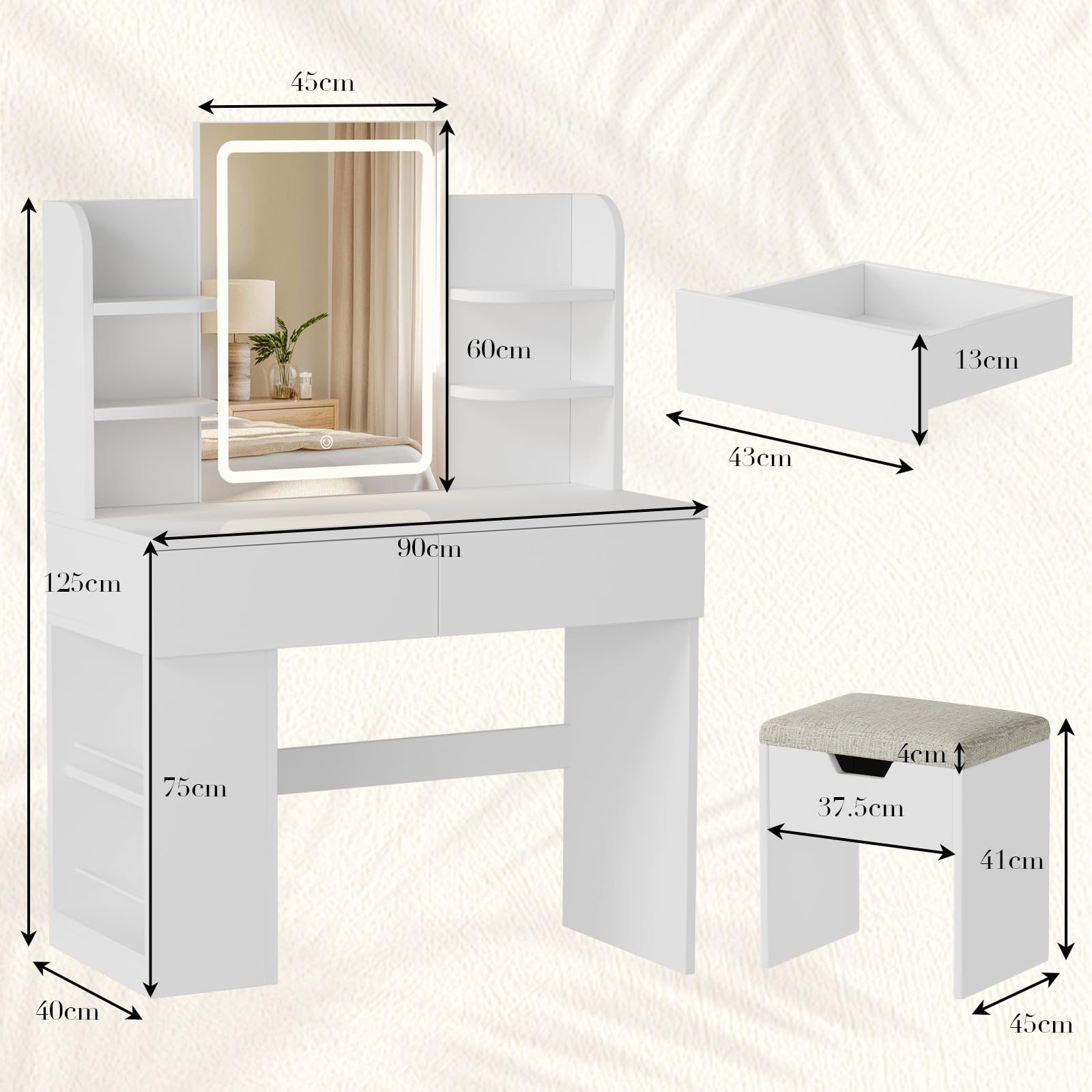 JUMMICO Schminktisch mit LED-Spiegel, moderner minimalistischer Schminktisch für Schlafzimmer, mit 2 Schubladen + 4 Regalen, 3-stufige Dimmfunktion und Touch-Schalter (Set, 135x90x40 cm)