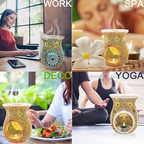 Miniatura 6 de SHMILMH Quemador de aceite esencial, difusor de aceite de aromaterapia de incienso, calentador de fragancia, candelabro de vidrio de mosaico para
