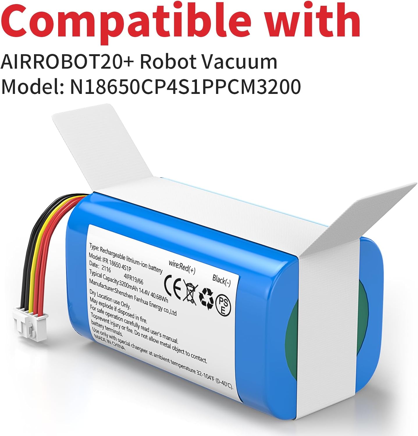 Replacement Battery for AIRROBO T20+,L40+ Robot Vacuum 3200mAh 14.4V Rechargeable Li-ion Battery (Model: N18650CP4S1PPCM3200)