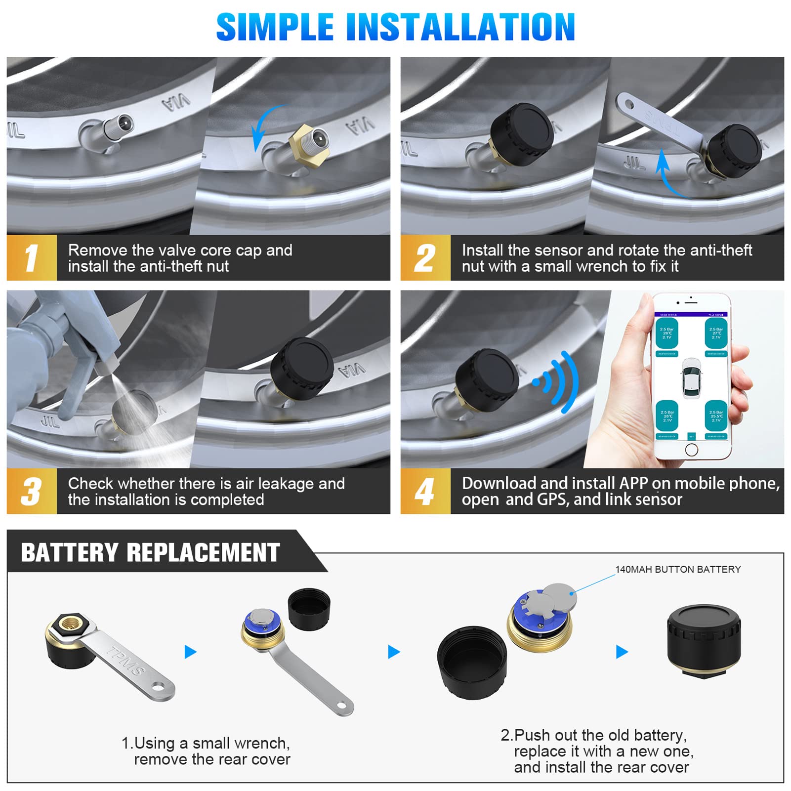 de Monitoreo de Presión de Neumáticos TPMS para Automóvil, Kit TMPS para Automóvil 4 Sensores Externos Visualización en Tiempo Real Presión de Temperatura 0-100PSI para Remolque de