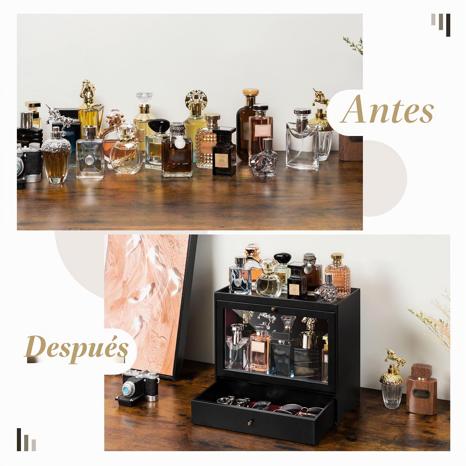 Organizador de perfume, soporte de perfume de cuero para hombre con cajón, estante para perfume con tapa transparente visible, caja de almacenamiento premium para fragancias, cosméticos y