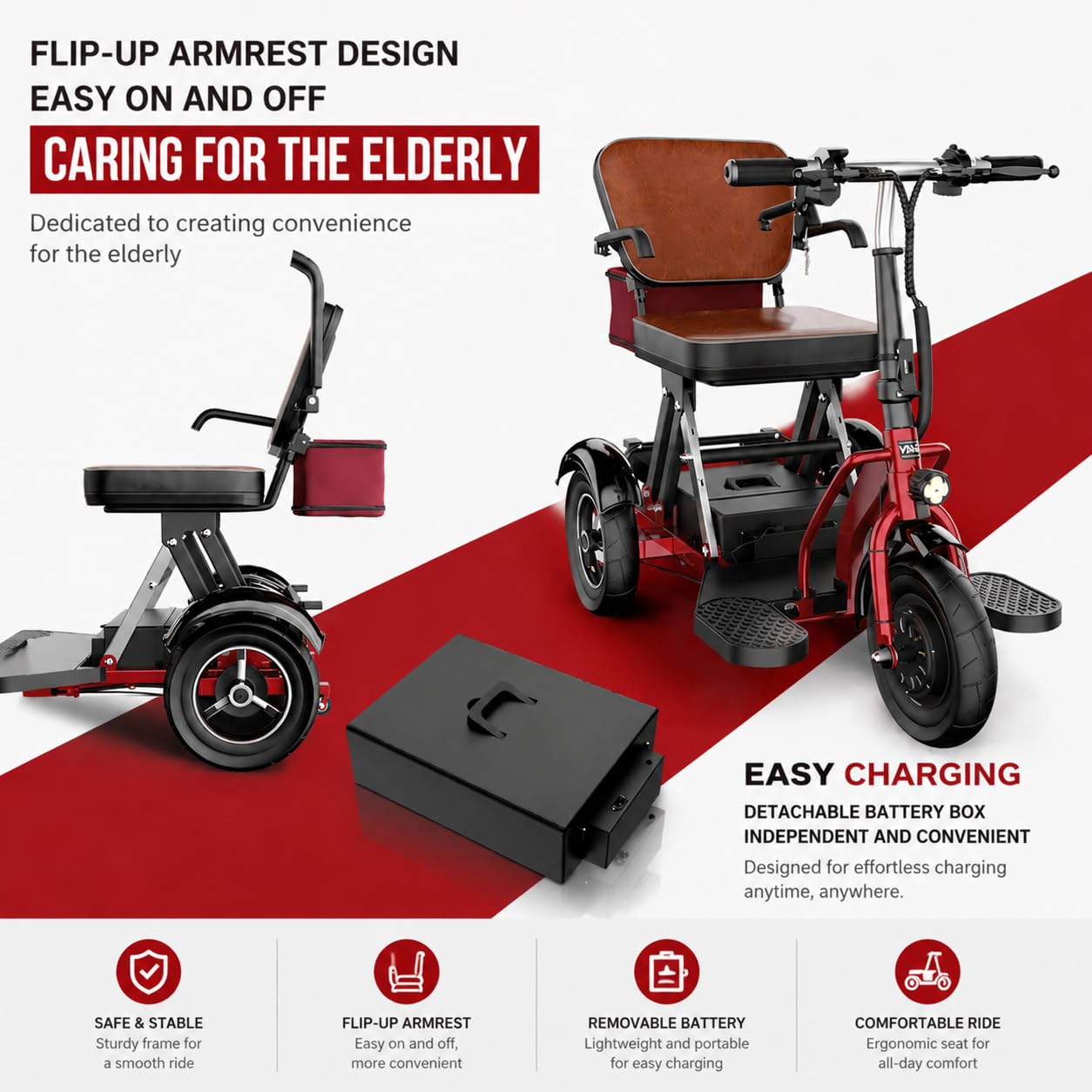 Scooter Eléctrico De Movilidad De 3 Ruedas para Adultos Mayores Y Personas con Discapacidad, Capacidad de Carga de 120 kg; Scooter Plegable con Asiento Acolchado Y Cesta De La Compra