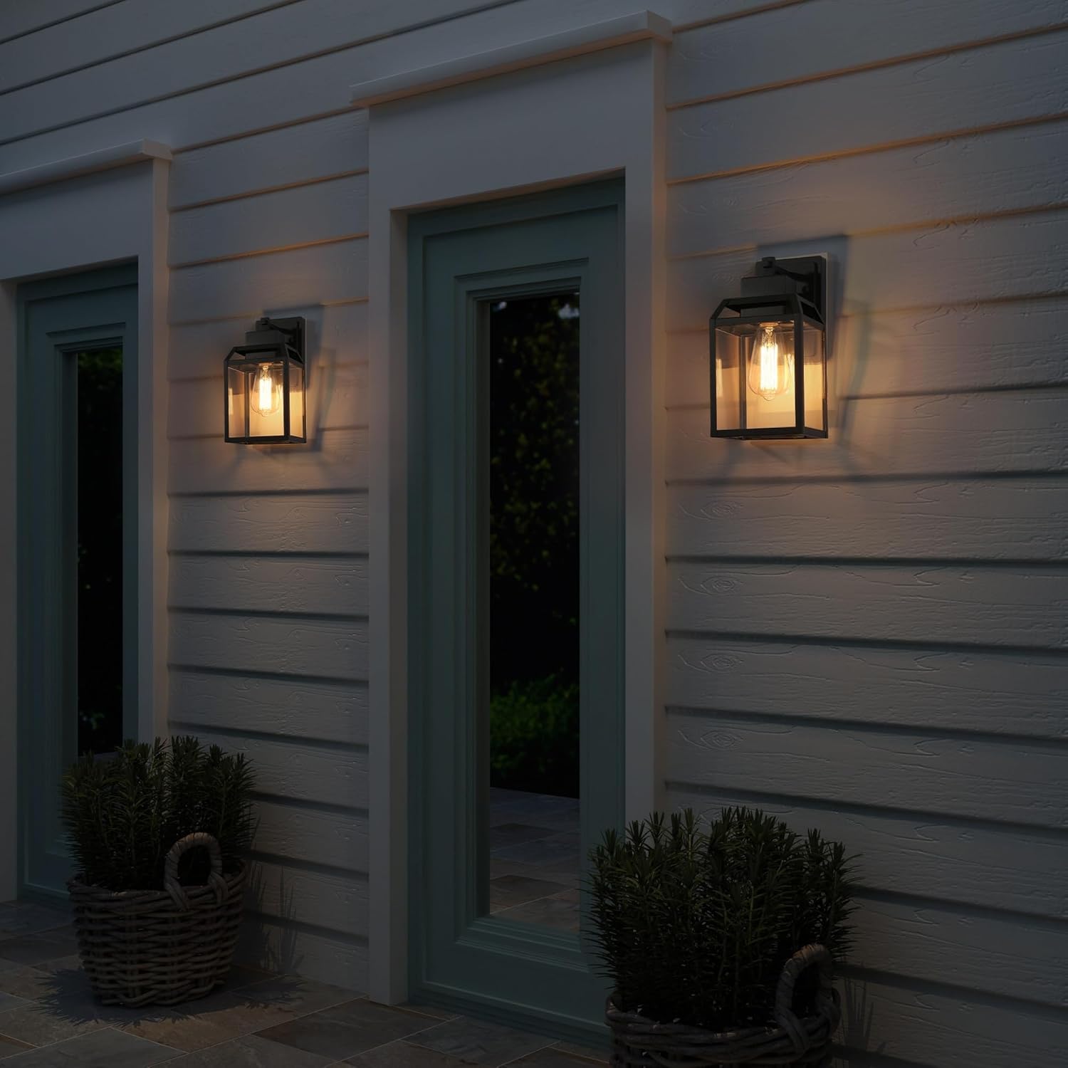 Black Outdoor Wall Lights, Farmhouse Exterior Wall Sconces Light Fixture with Clear Glass, Modern Square Waterproof Lanterns for Front Door, Entry, Porch, Patio, and Gazebo