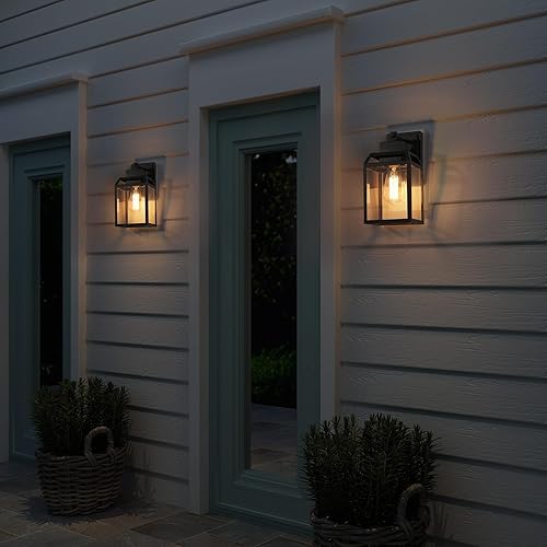 Miniatura 2 de Luces de pared negras para exteriores, apliques de pared exterior de granja con vidrio transparente, faroles cuadrados modernos impermeables para