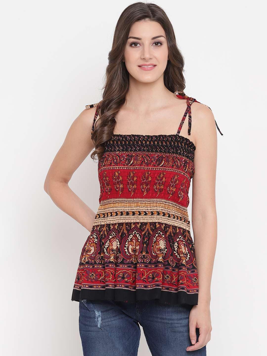 Bigdave Women's Rayon Printed Casual Summer Style Tie Shoulder Straps Free Size Tank Top (Multi6)