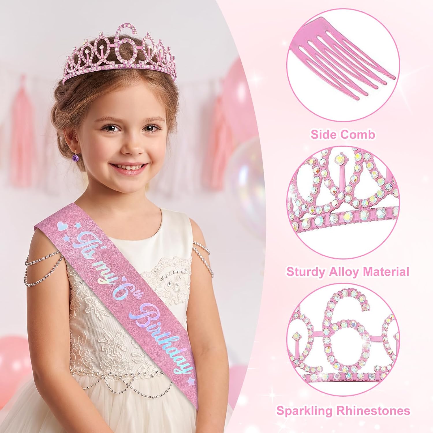 Kuxriox 6th Birthday Decorations for Girls, 6th Birthday Girl Crown Sash