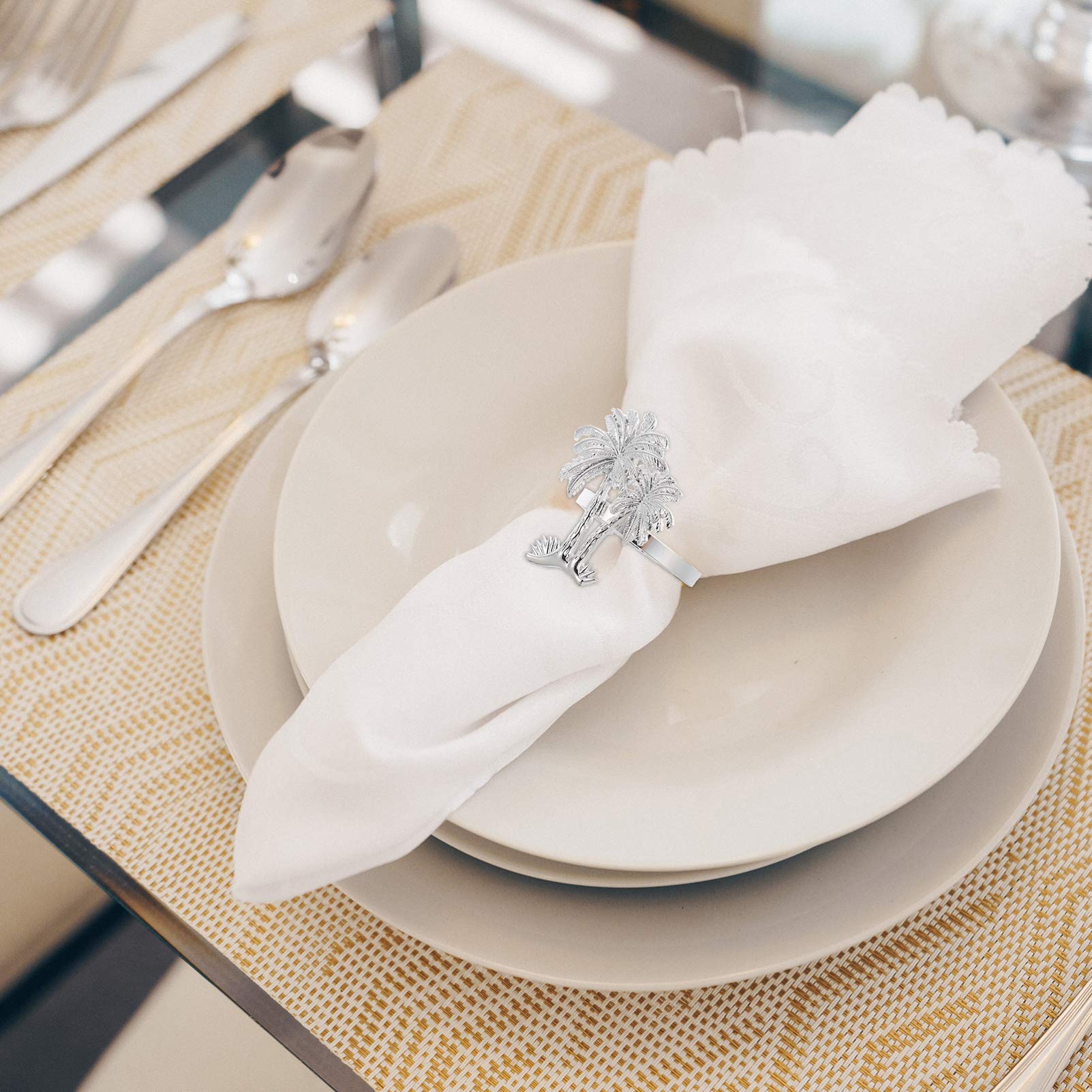 Didiseaon 4pcs Hawaii Napkin Rings Coconut Palm Tree Napkin Rings Holders Serviette Holders Dining Table Decorations Hawaii Party Supplies Beach Party Favors Silver