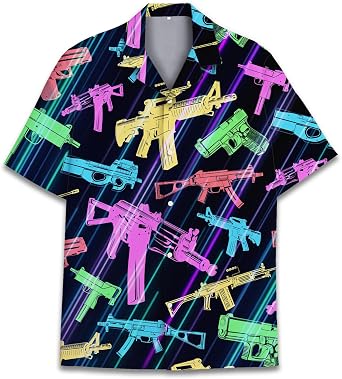 Retro Neon Gun Hawaiian Shirts for Men Vintage 80s Shirt Mens Hawaiian Shirts Short Sleeve Button Down Shirt