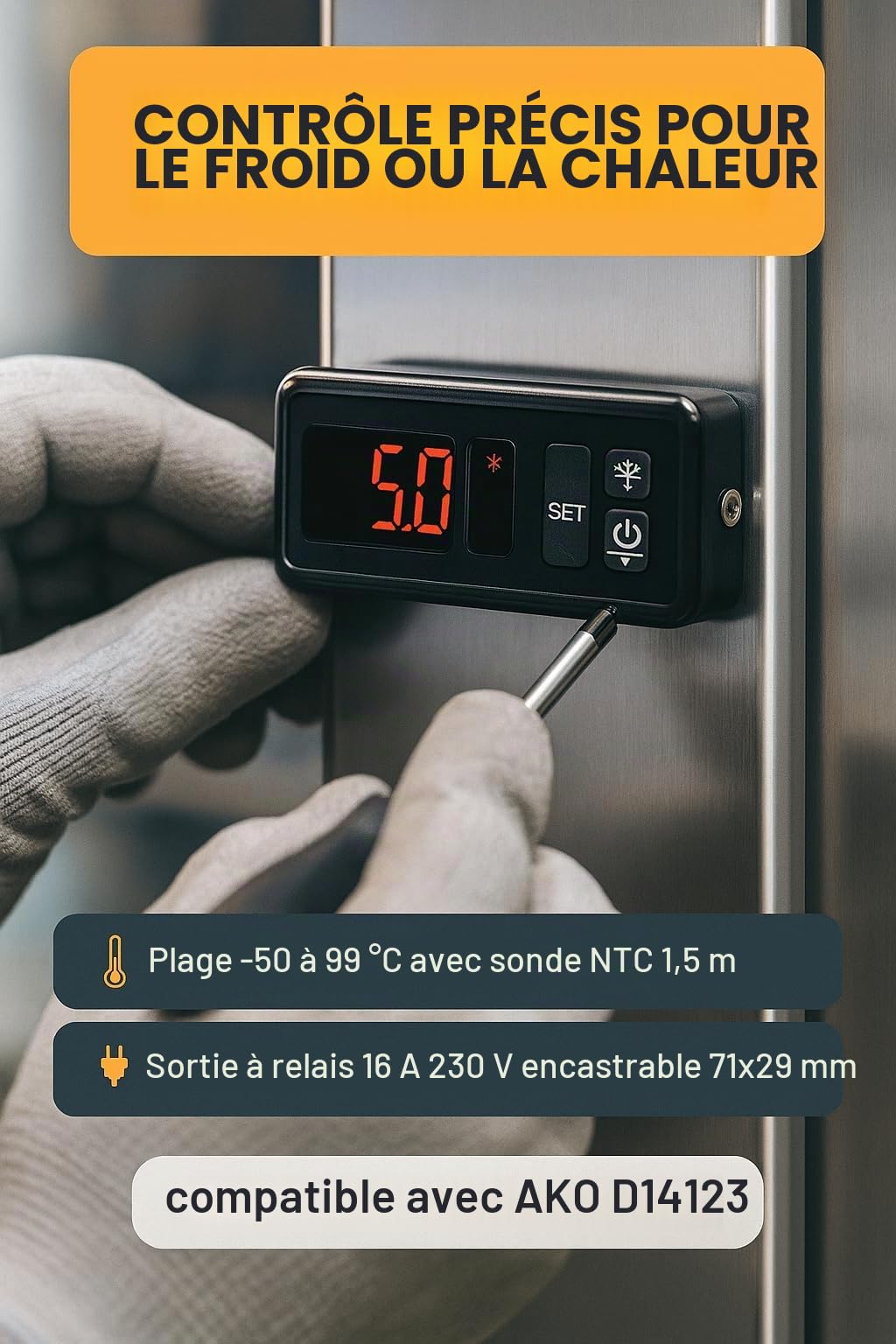 RO Linea Blanca Thermostat numérique panneau compatible avec AKO D14123 230 V 1 relais 16 A Plage -50 à 99 C Sonde NTC 1,5 m IP54 Mesure 71 x 29 Contrôle froid Chaleur Display LED pour caméras