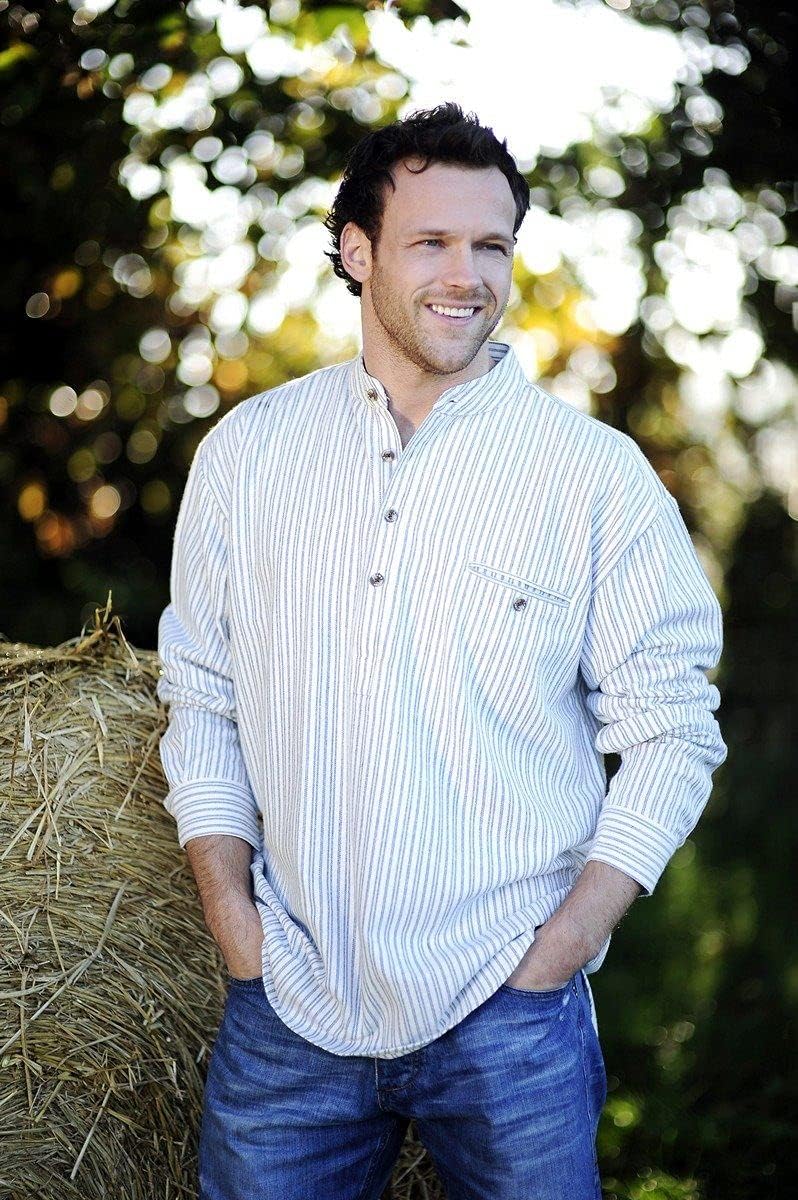 Flannel Cotton Grandfather Shirt LV2 Blue Ivory Stripe (Large)