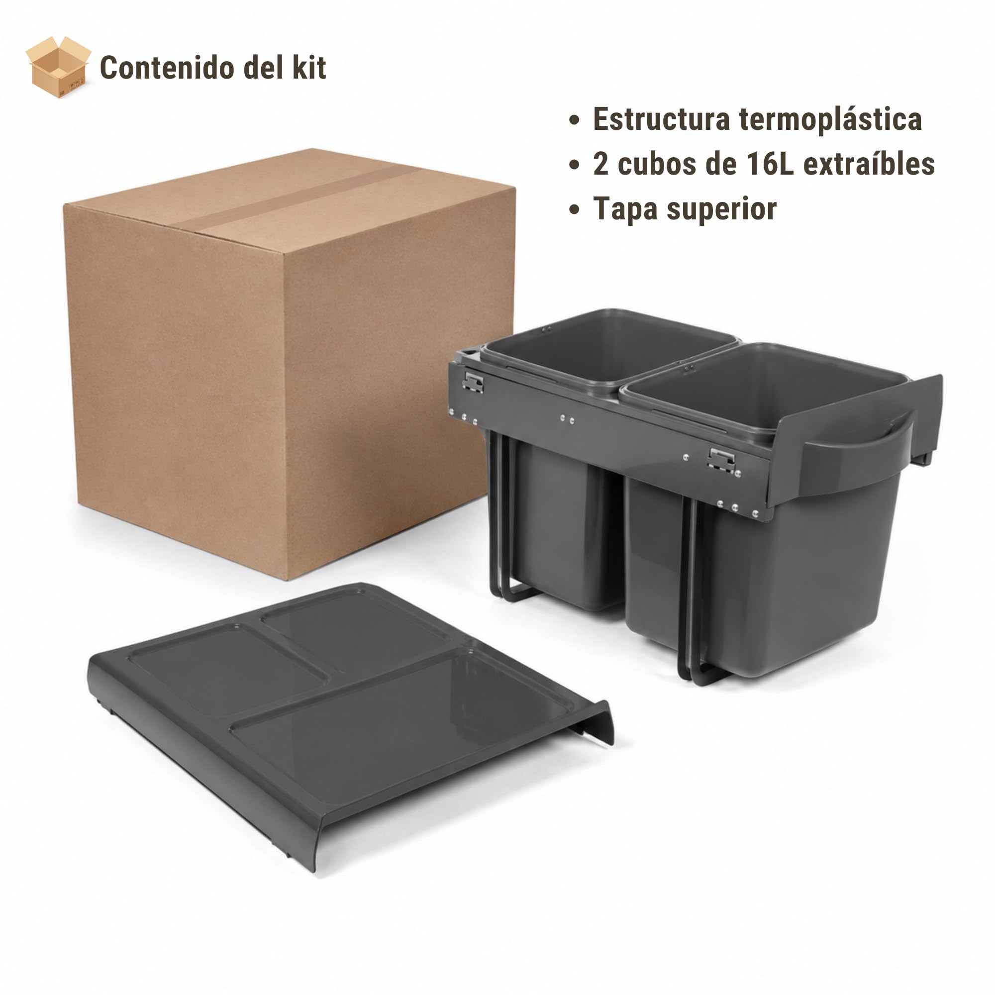 VERDU - Cubos de basura de reciclaje 2x16L Antracita con Sistema de Extracción Total, Fácil Instalación para Modulos de 400mm mínimo, Apertura suave- Cubo Basura Extraible Bajo Fregadero