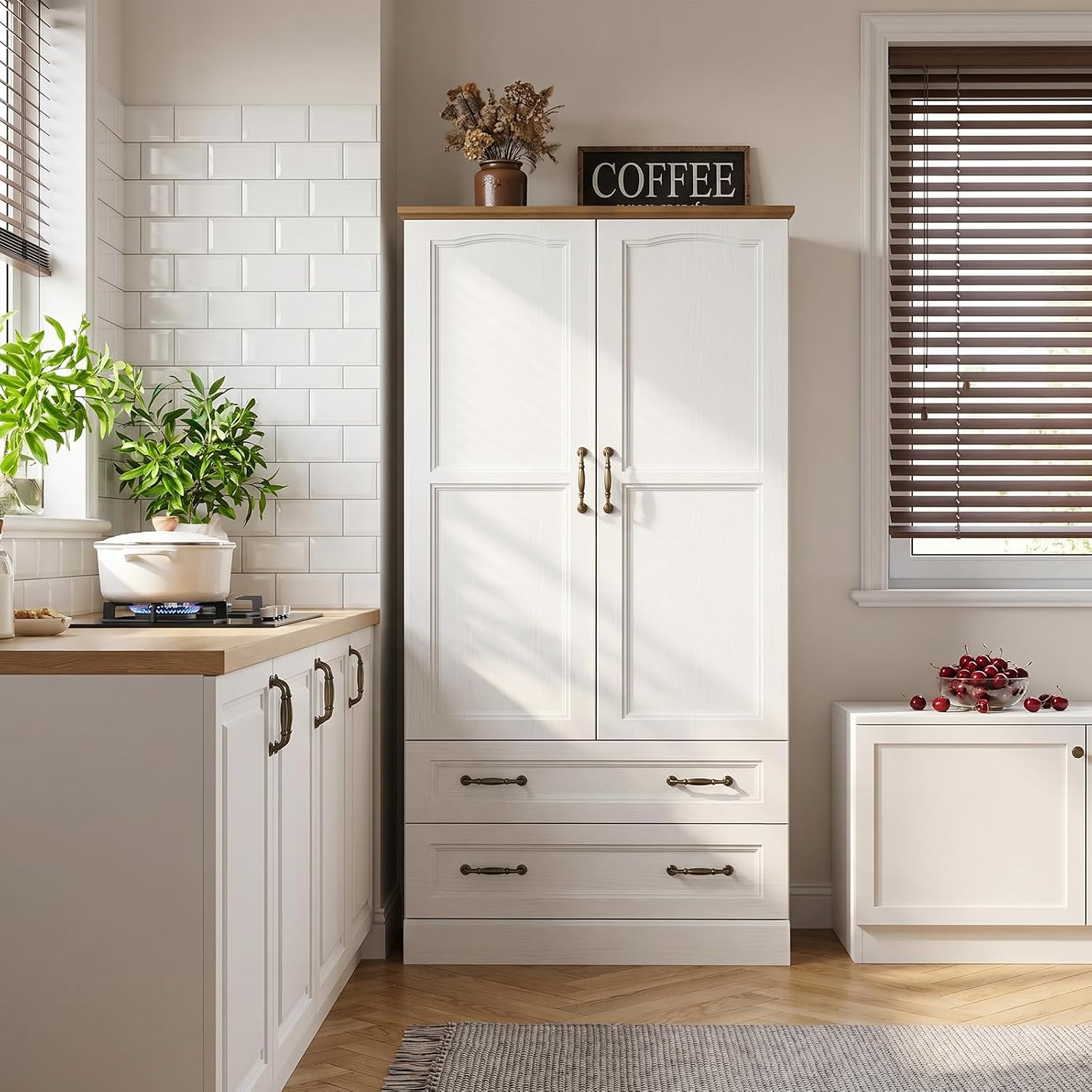 HOOBRO Pantry Cabinet with Shelves for Dining Room, Kitchen, White