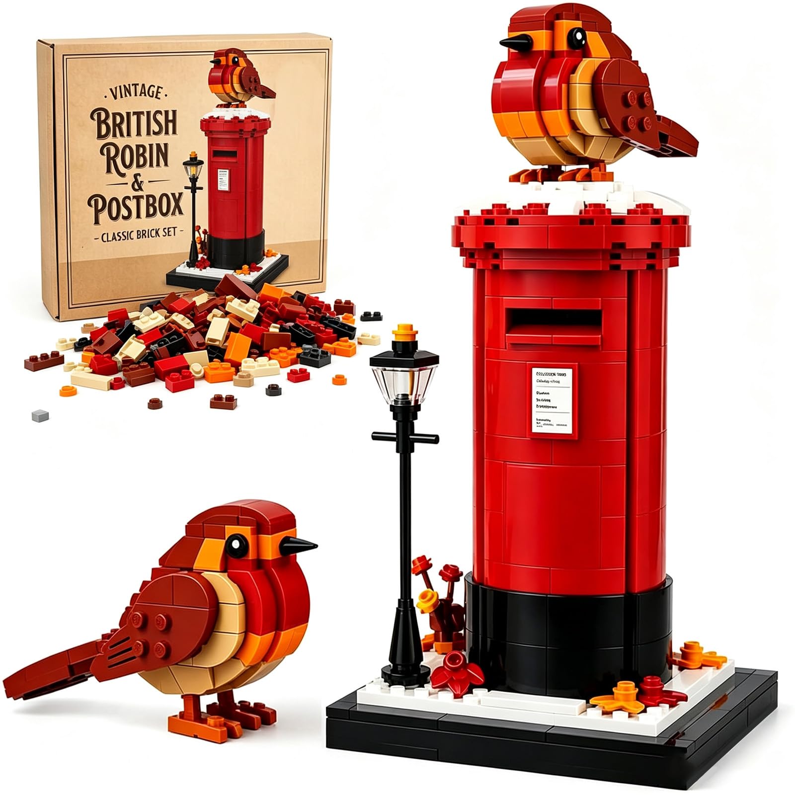 Robin Bird & UK Postbox Brick Set, Vintage British DIY Build Model Kit