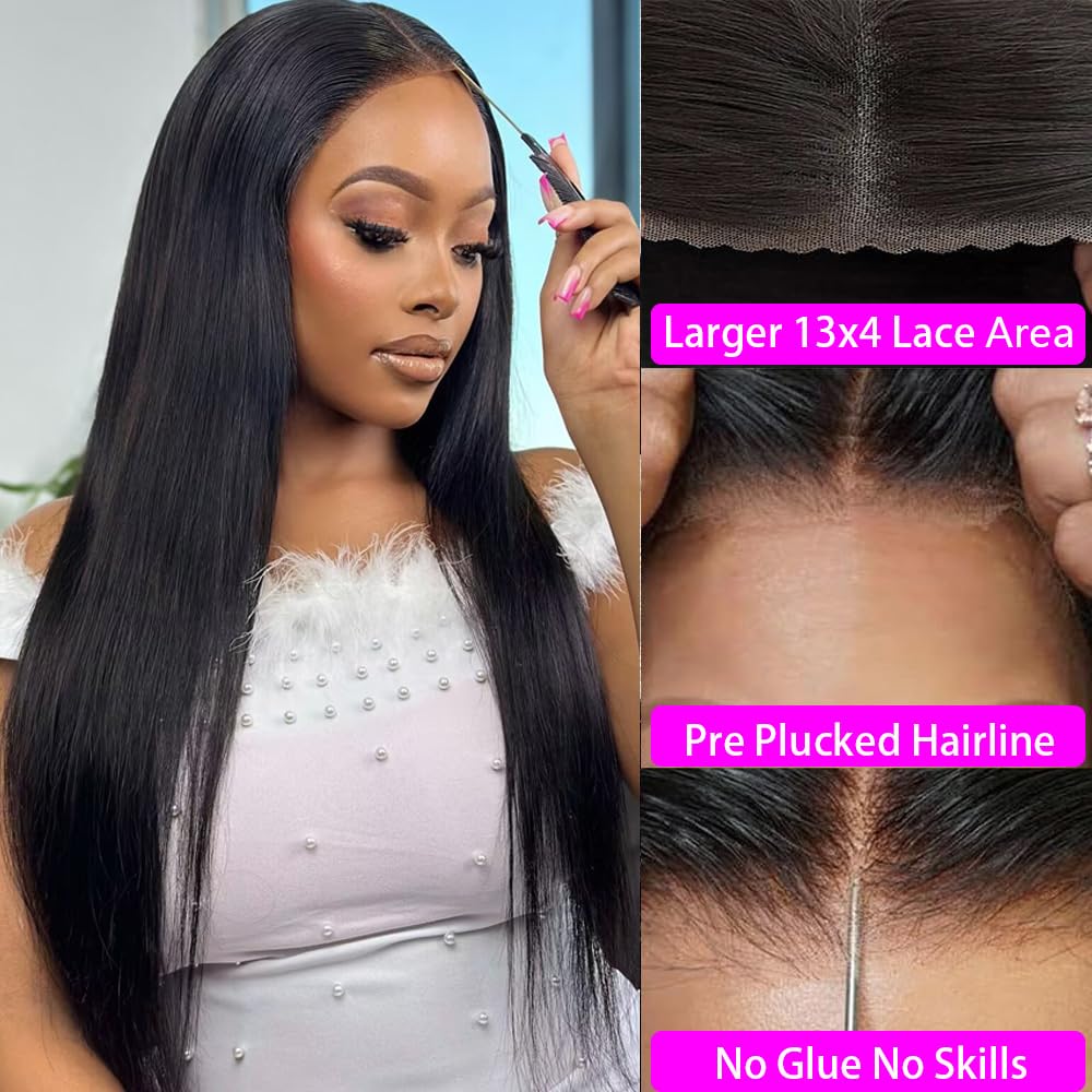 Glueless Wigs Human Hair Pre Plucked Pre Cut Straight Lace Front Wigs Human Hair Straight Glueless Wear and Go Wig 3 Seconds to Wear Glueless Wigs No Glue 13x4 HD Lace Front Wigs 180% Density 18 Inch