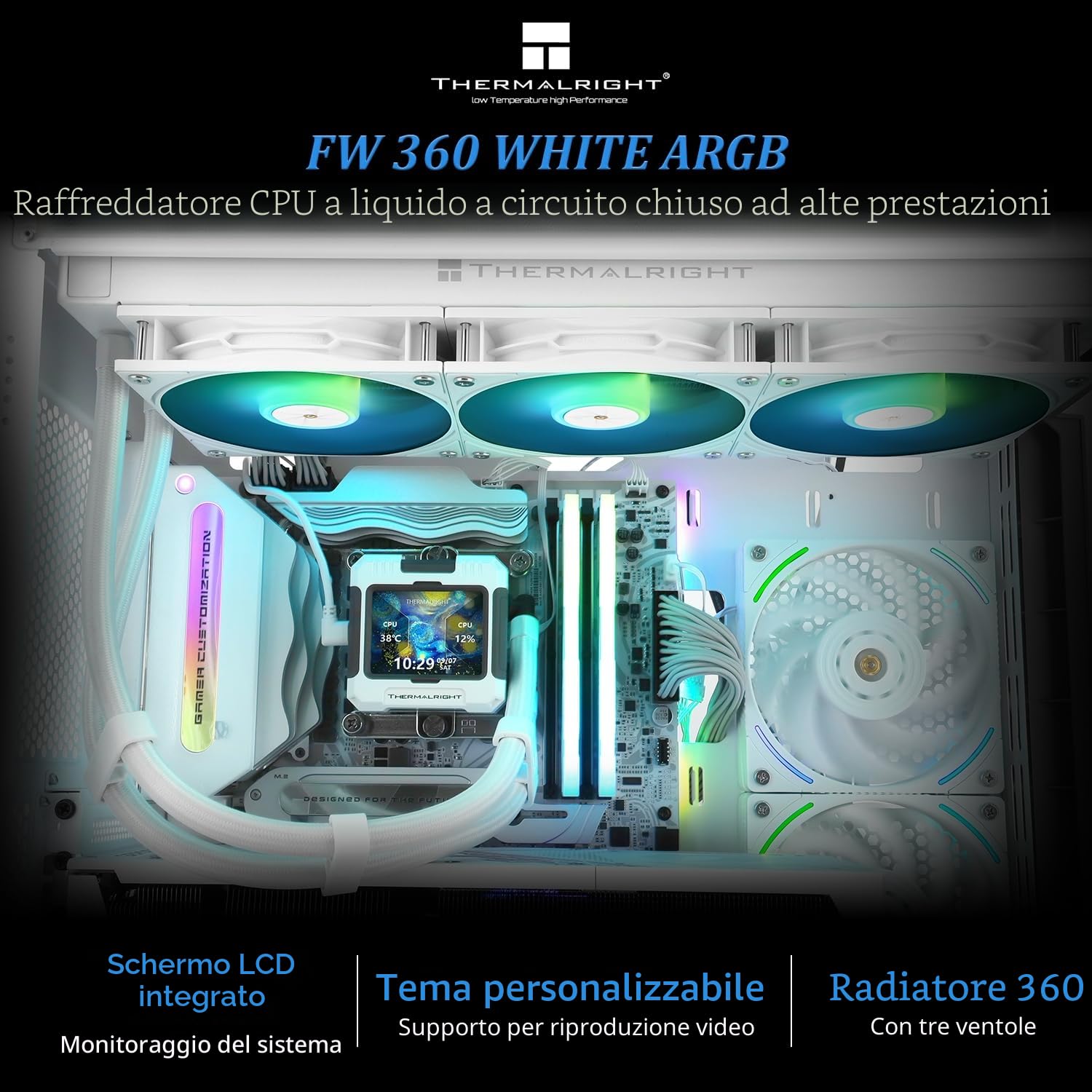 Thermalright FW 360 - Raffreddamento ad Acqua ARGB Bianco Con 3 Ventole PWM, Schermo LCD IPS 320 x 240, 360mm AIO CPU Liquido per AMD/Intel