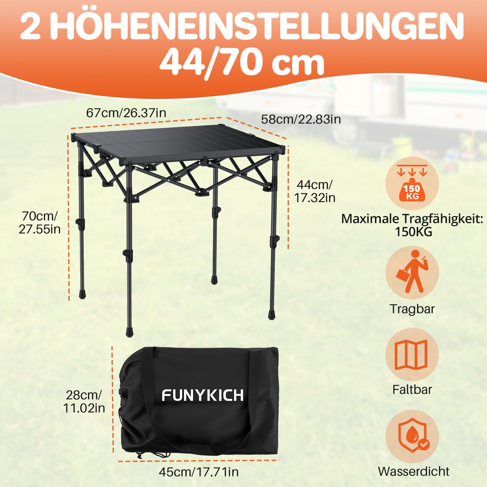 FUNYKICH Tavolo da Campeggio Pieghevole, Altezza Regolabile 2 Posizioni (44/70 cm), Tavolo da Picnic per Barbecue,Struttura in Acciaio X Resistente, Tavolo per Griglia, per Giardino, 67x58 cm, Nero