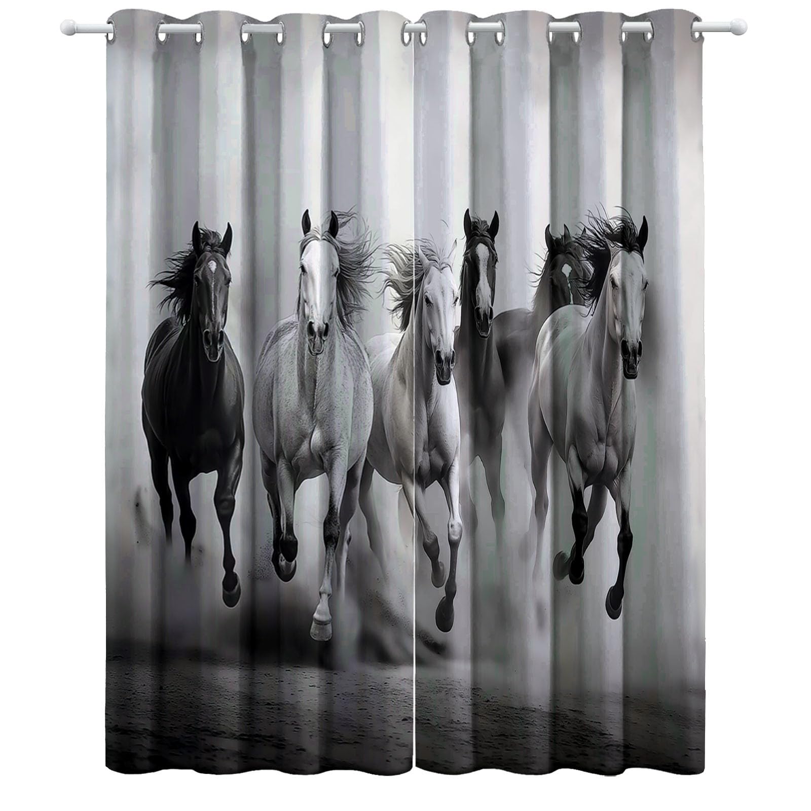 Zasłony z oczkami konie na pustyni, nieprzezroczyste, termoizolacyjne i anty-UV, dźwiękoszczelne zasłony z oczkami do sypialni, salonu, czarno-białe, 220 x 215 cm, 2 sztuki