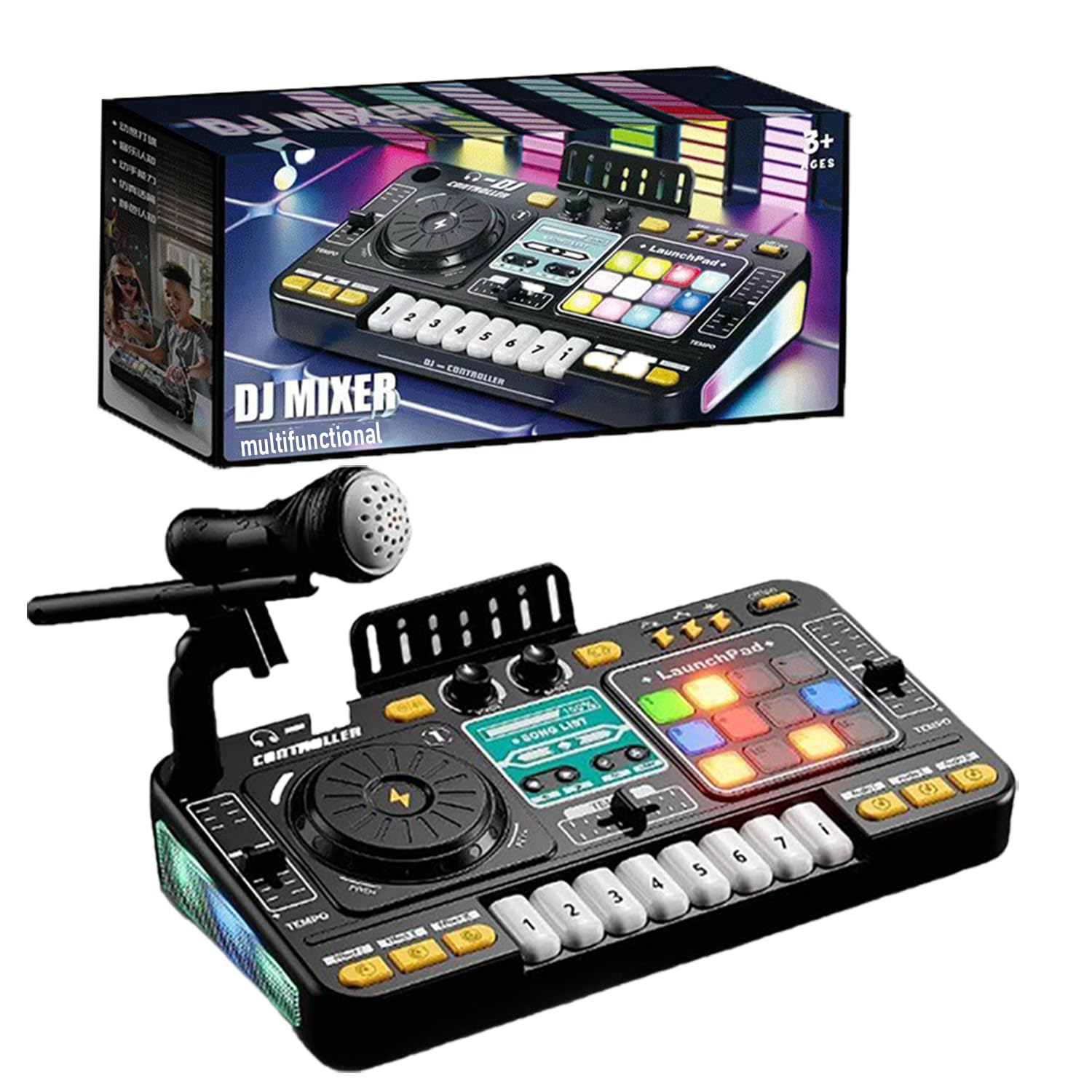 Console DJ Portatile con Mixer e Bluetooth, Stazione con Microfono Regolabile e Effetto di Luce Gradiente - Adatto a Bambini da 6 a 12 Anni e Principianti