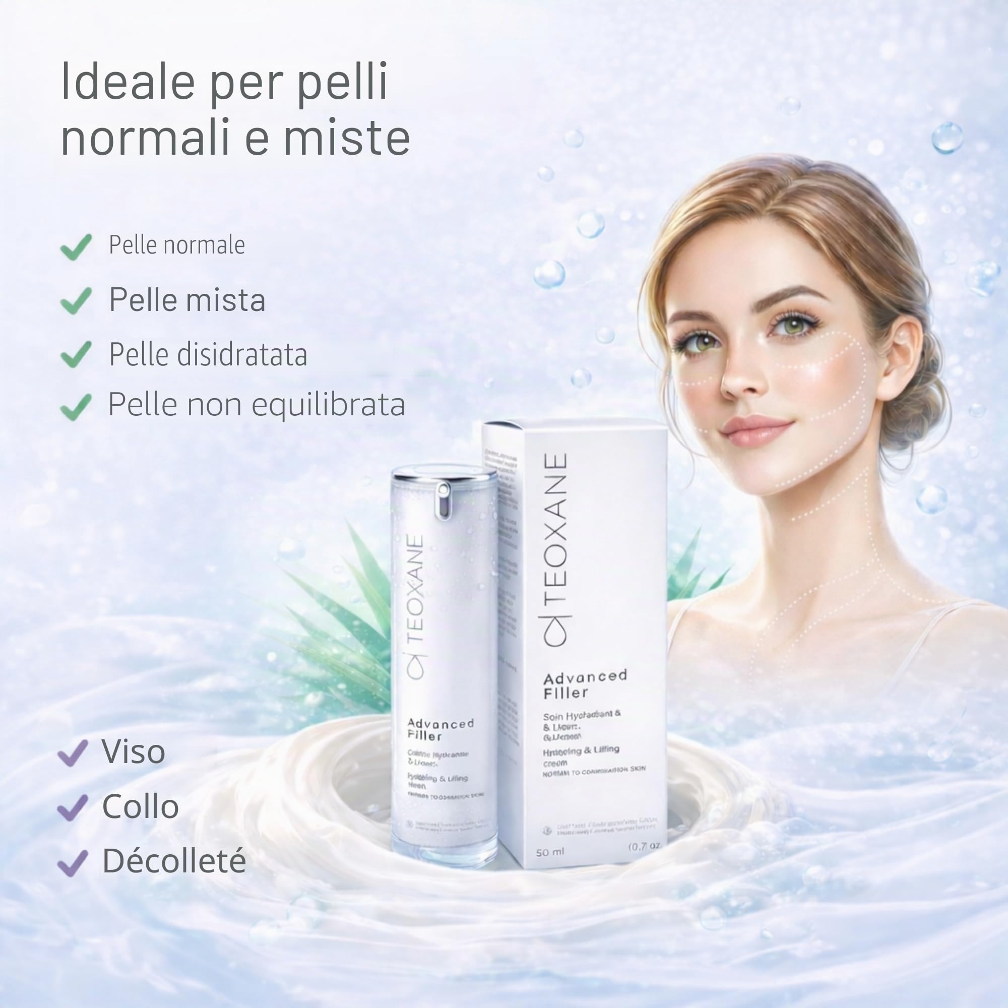 TEOXANE Advanced Filler, crema per pelli da normale a miste, crema per il viso ialuronico, anti invecchiamento, crema idratante, cura del viso, dermocosmetici, MATRIXYL 3000, 50 ml