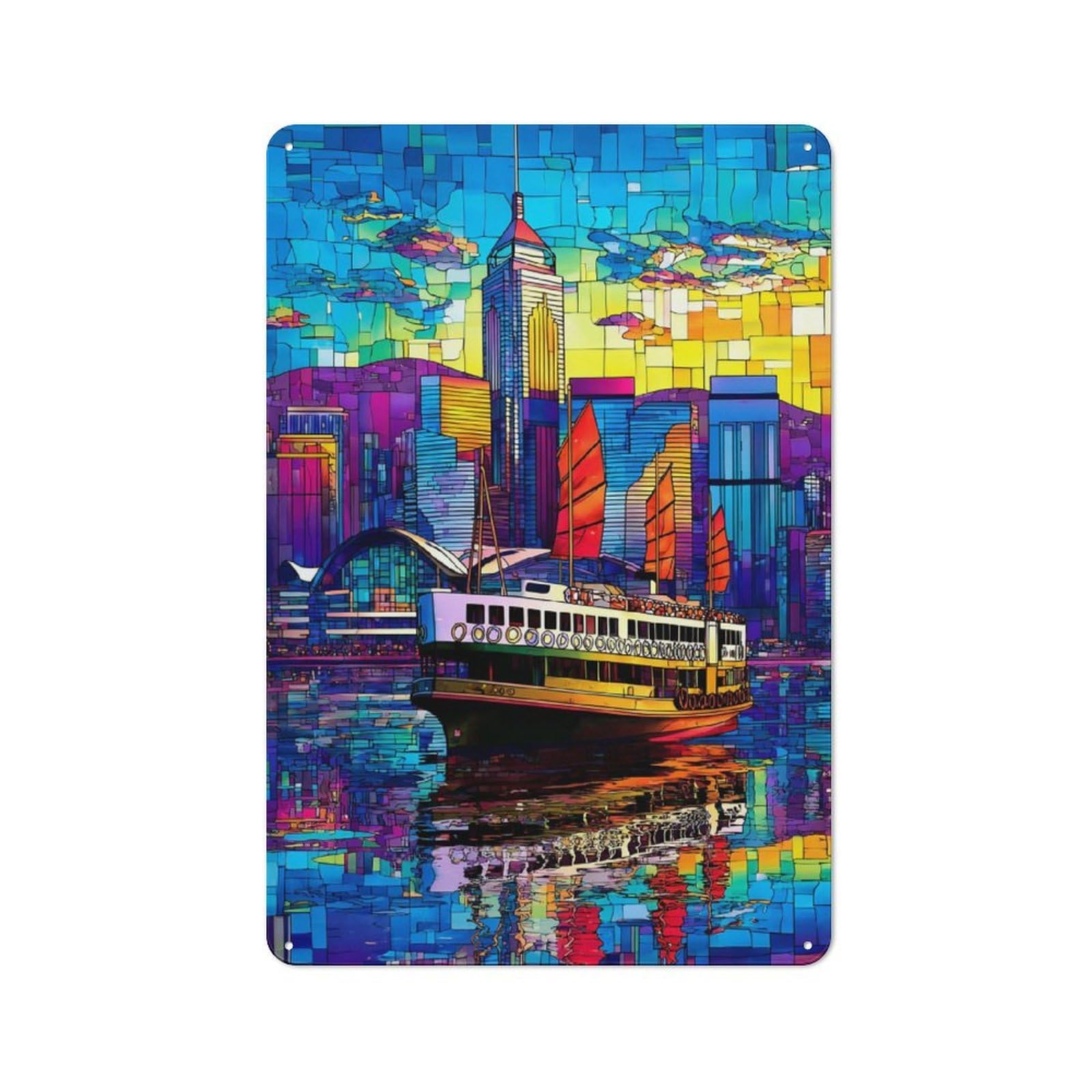 Junmoney Stained Glass Cityscape With Ferry -1 Metal Sign 30X20cm With For Pub Or Café, Vintage Decor, For Metal Sign Collectors, For Garage And Workshop Walls