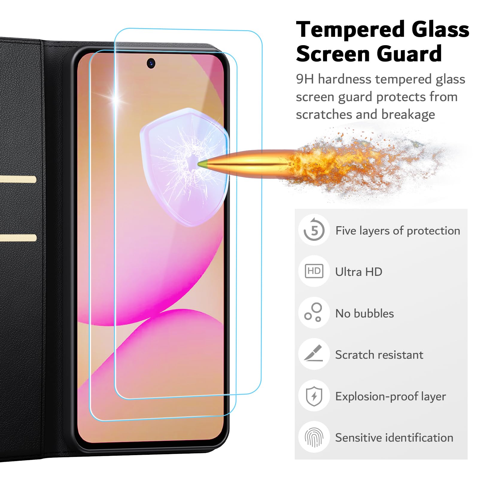Etui do Samsung Galaxy A57 5G 2 sztuki ze szkła hartowanego, blokada RFID: etui ochronne premium ze skóry PU, [przegródki na karty] Etui portfelowe z klapką - czarne