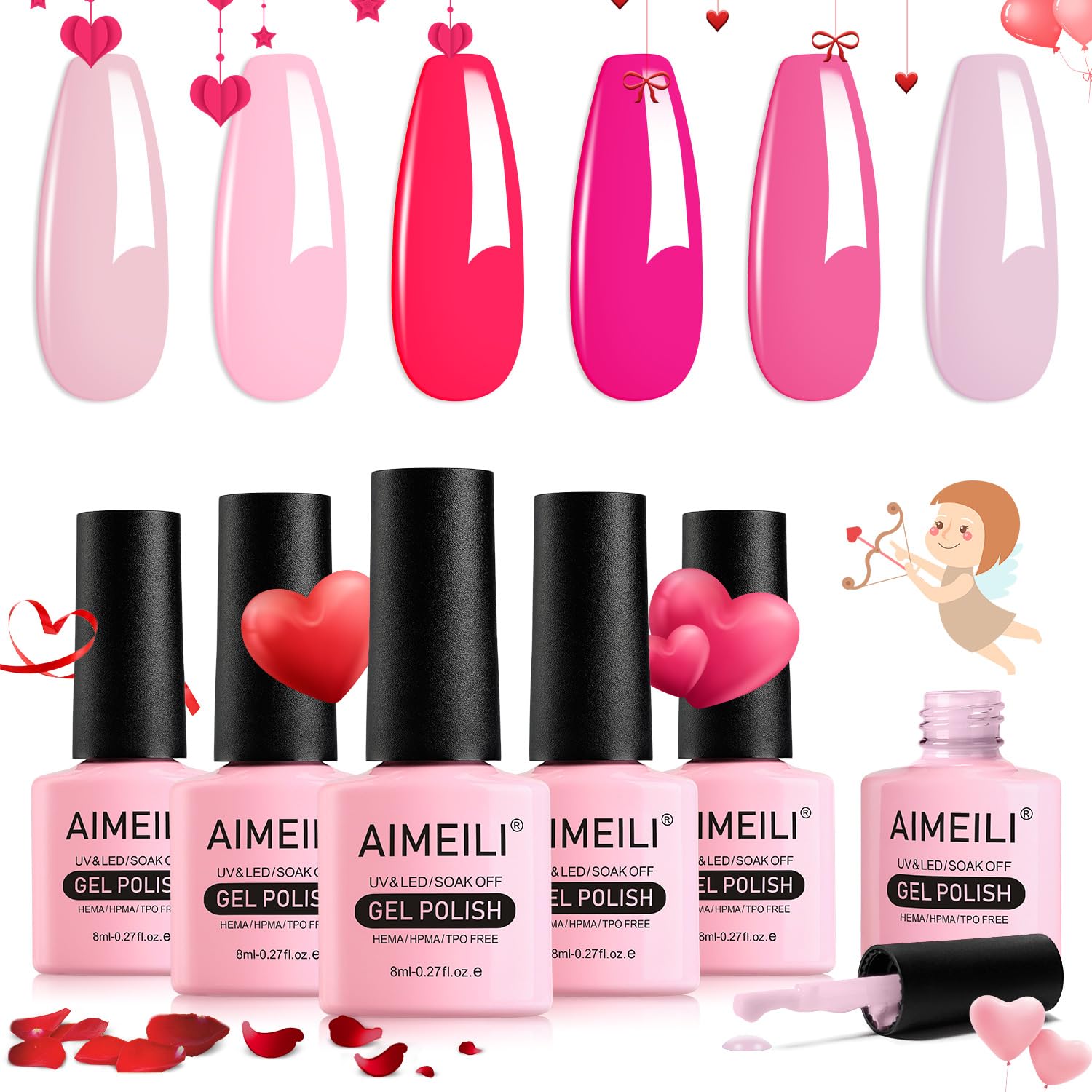 AIMEILIGel Nail Polish Set Pink, 6pcs Valentine's Day Hot Pink Rose Red Gel Polish Kit Soak-Off UV/LED for Nail Art Salon DIY Home, Easy to Apply 8ml - Gift Kit 64