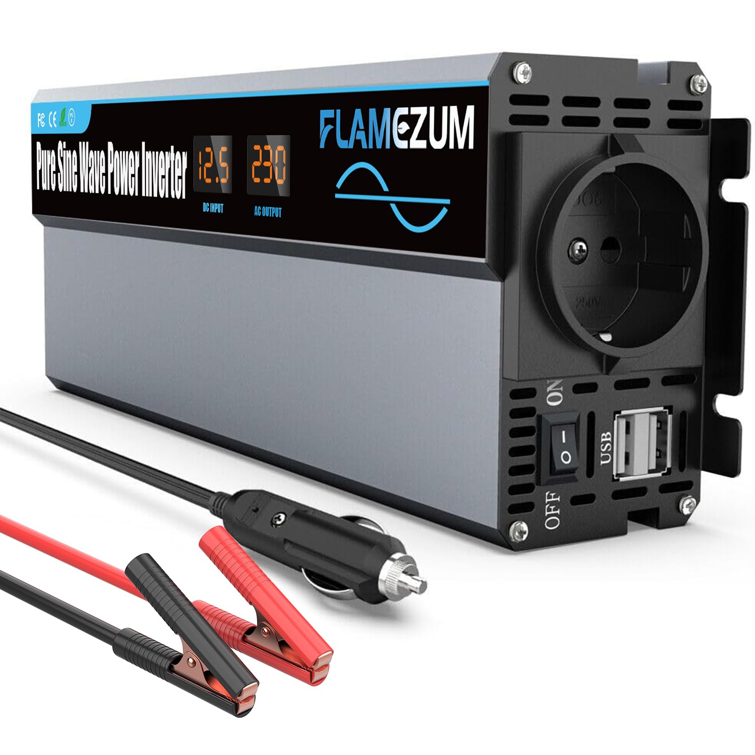 FLAMEZUM Falownik 12 V 220 V Czysta Fala 1000 W DC 12 V Na AC 230 V Z 1 Gniazdem UE I 2 Portami USB Falownik Słoneczny DC AC Konwerter Prądu Przemiennego Do Samochodów Kempingowych Ciężarówek