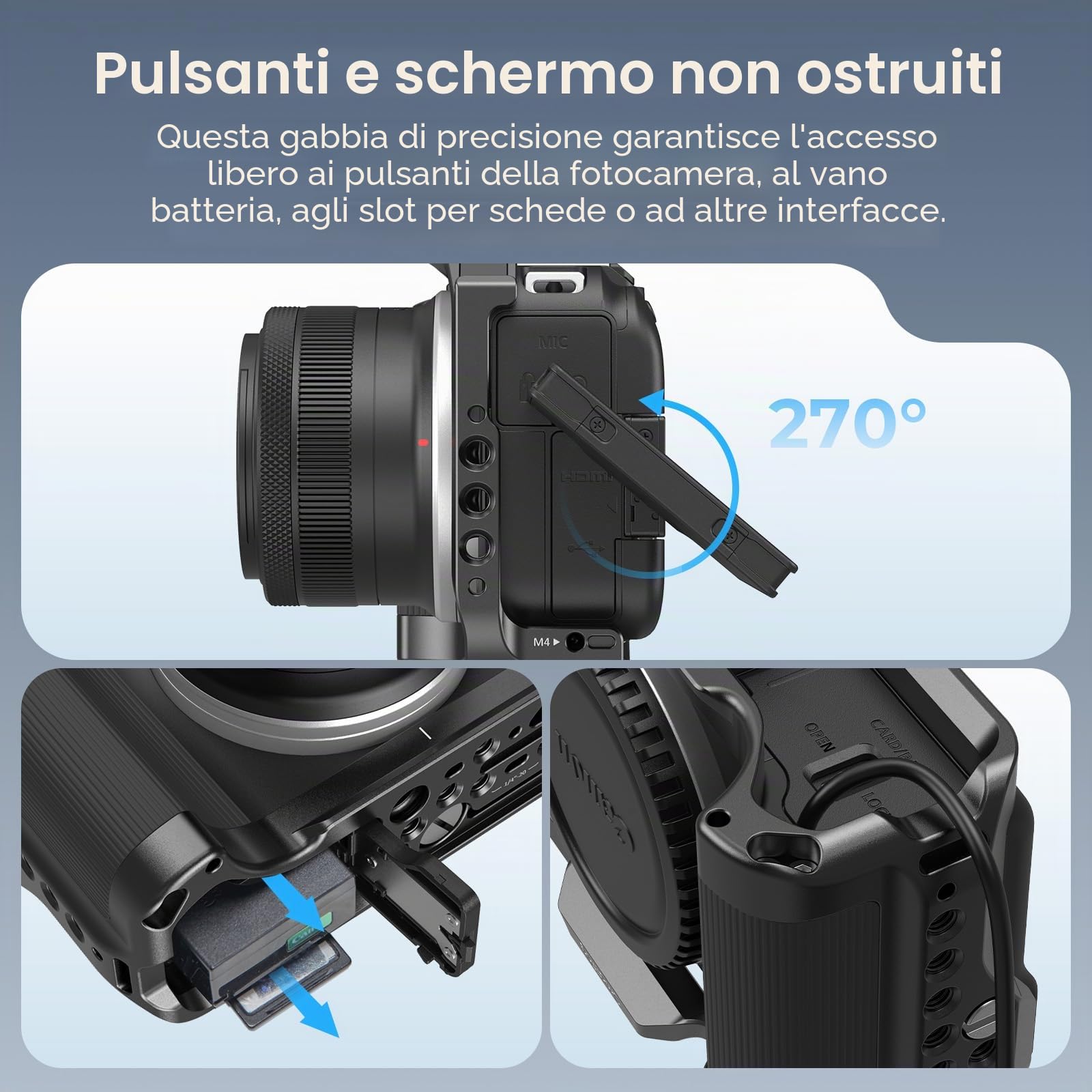 SMALLRIG Gabbia per fotocamera R50 V per Canon R50 V, impugnatura ergonomica in silicone, piastra a sgancio rapido per arca, foro filettato da 1/4"-20, fori da 3/8"-16 per ARRI, flash (nero) - 5427