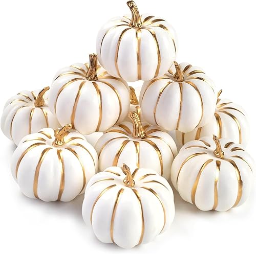 BigOtters 10 calabazas para decoración, calabazas artificiales con líneas doradas, pequeñas calabazas blancas de espuma para decoración de mesa de