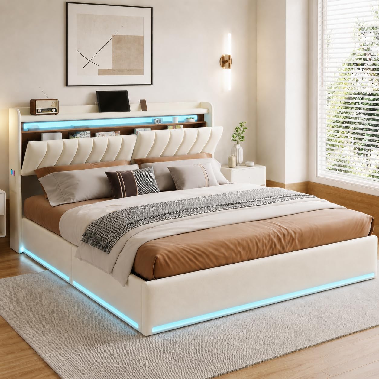 Letto imbottito 140x200 cm con Contenitore idraulico, Letto matrimoniale a LED con stazione di ricarica, Testiera in velluto, Struttura letto con rete a doghe (beige, 140x200 cm)