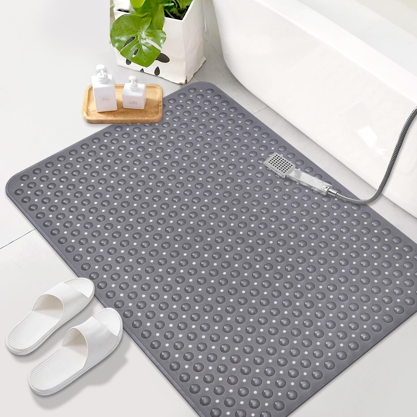 Grand tapis de douche antidérapant 80 x 120 cm : tapis de douche en TPE souple avec trous de drainage et ventouses – Tapis antidérapant de douche lavable en machine antibactérien et résistant