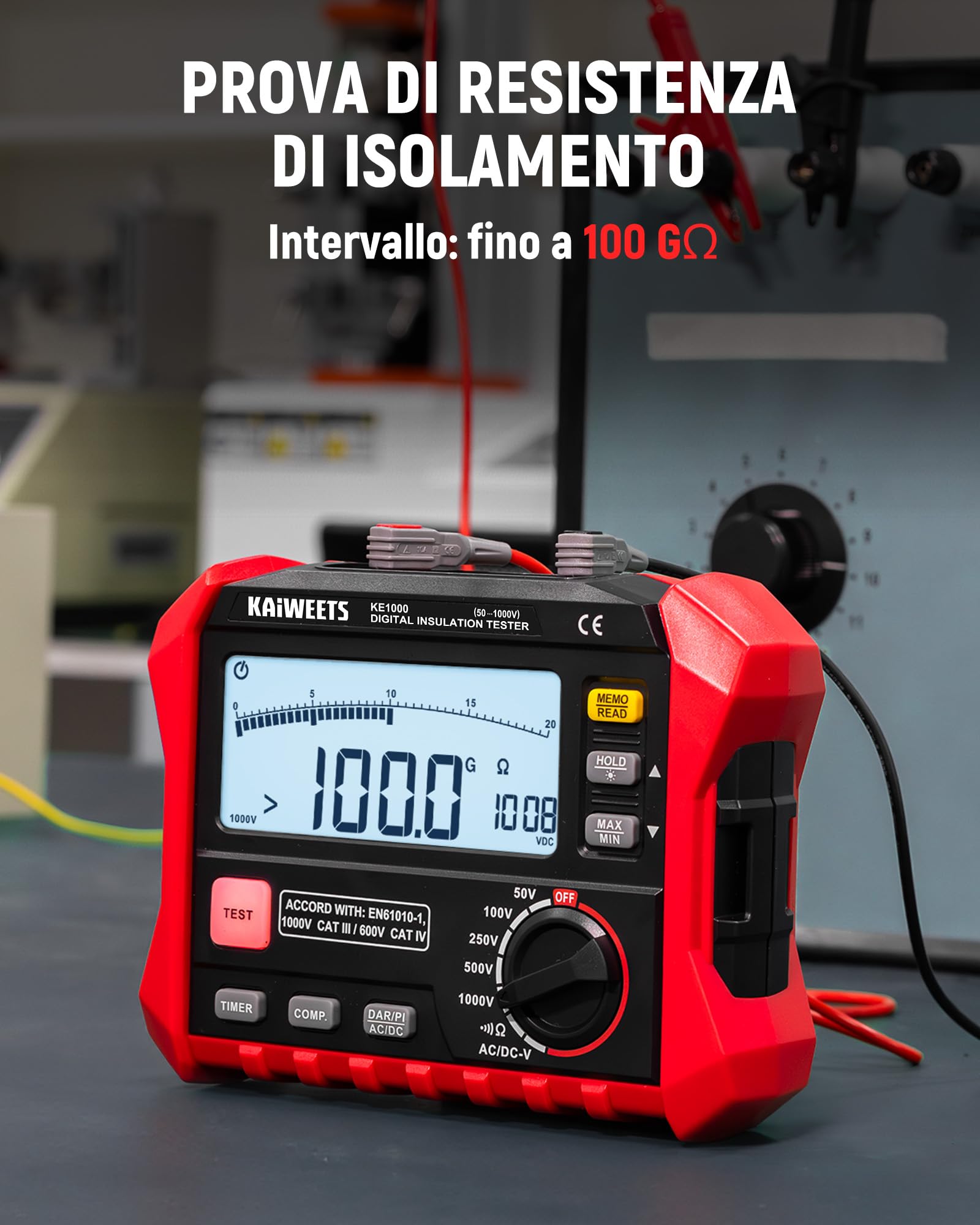 KAIWEETS Misuratore di isolamento, misuratore di resistenza di isolamento, fino a 100 GΩ, 50 V/100 V/250 V/500 V/1000 V, One Touch-DAR/PI, con prova di tensione AC/DC per motori, solare, HVAC