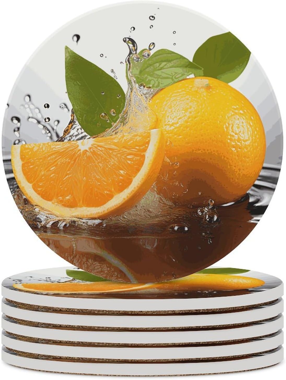 Orange Fruit Coasters Round Coasters Set Ceramic Stone Coaster with Cork Base Coffee Cup Beverage Cup Mat Cute Funny Table Drinks Coaster for Mugs and Cups Office Kitchen