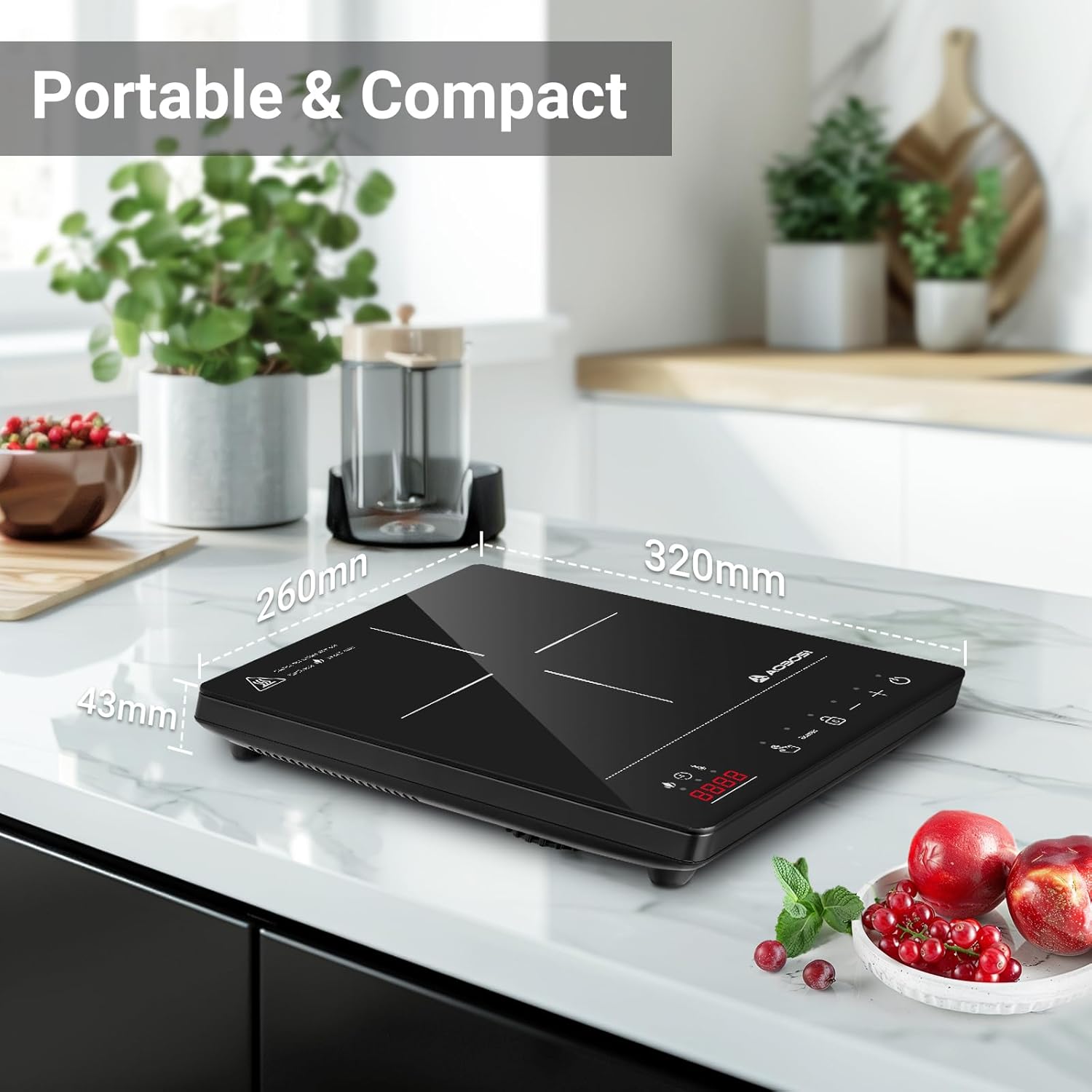 Aobosi Portable Induction Cooktop on a kitchen counter, showing its compact dimensions of 320mm length, 260mm width, and 43mm height.