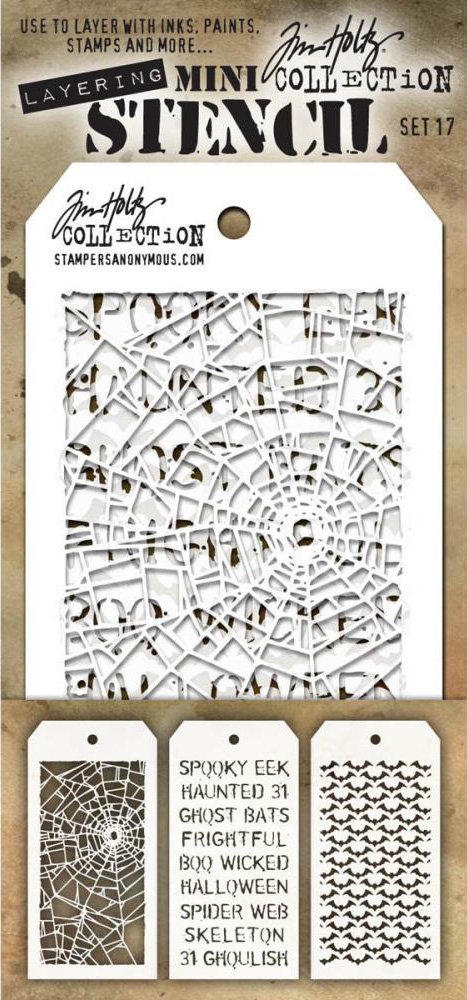 Tim Holtz - Mini Layering Stencils - Sets #16, #17, & #18 - 9 Mini Stencils - Crocodile, Measured, Eye Chart, Shatter, Halloween, Batground, Holiday Knit, Christmas & Snowflakes by Tim Holtz