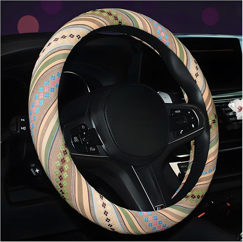 Capa para Volante FSTURIOS Boho em Linho Grosso, Antiderrapante e Respirável para Volante de 38,1 cm, Estilo Étnico, Modelo G