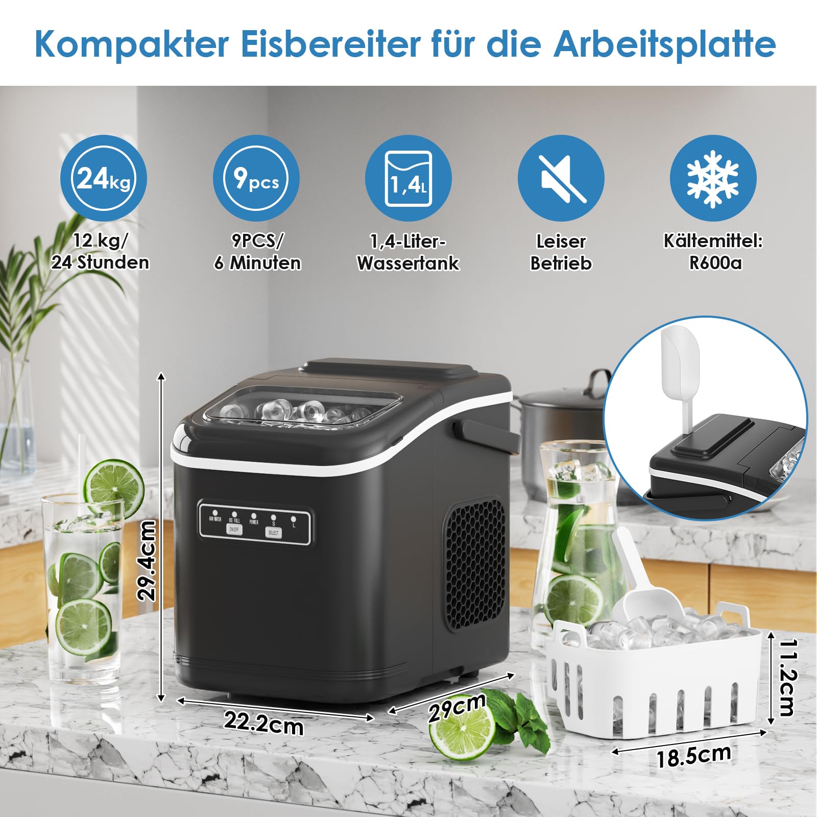 112W ijsblokjesmachine Cycli van 9 ijsblokjes 10 tot 12 min 2 maten