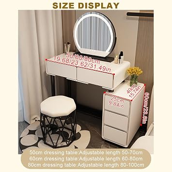 Makeup Vanity Table wit Round 3-Colors Lights,Makeup Desk with Cushioned Stool,Vanity Makeup Desk Set with Drawers,with Side Cabinet,for Small Space Bedroom Dressing Room Girl Women.