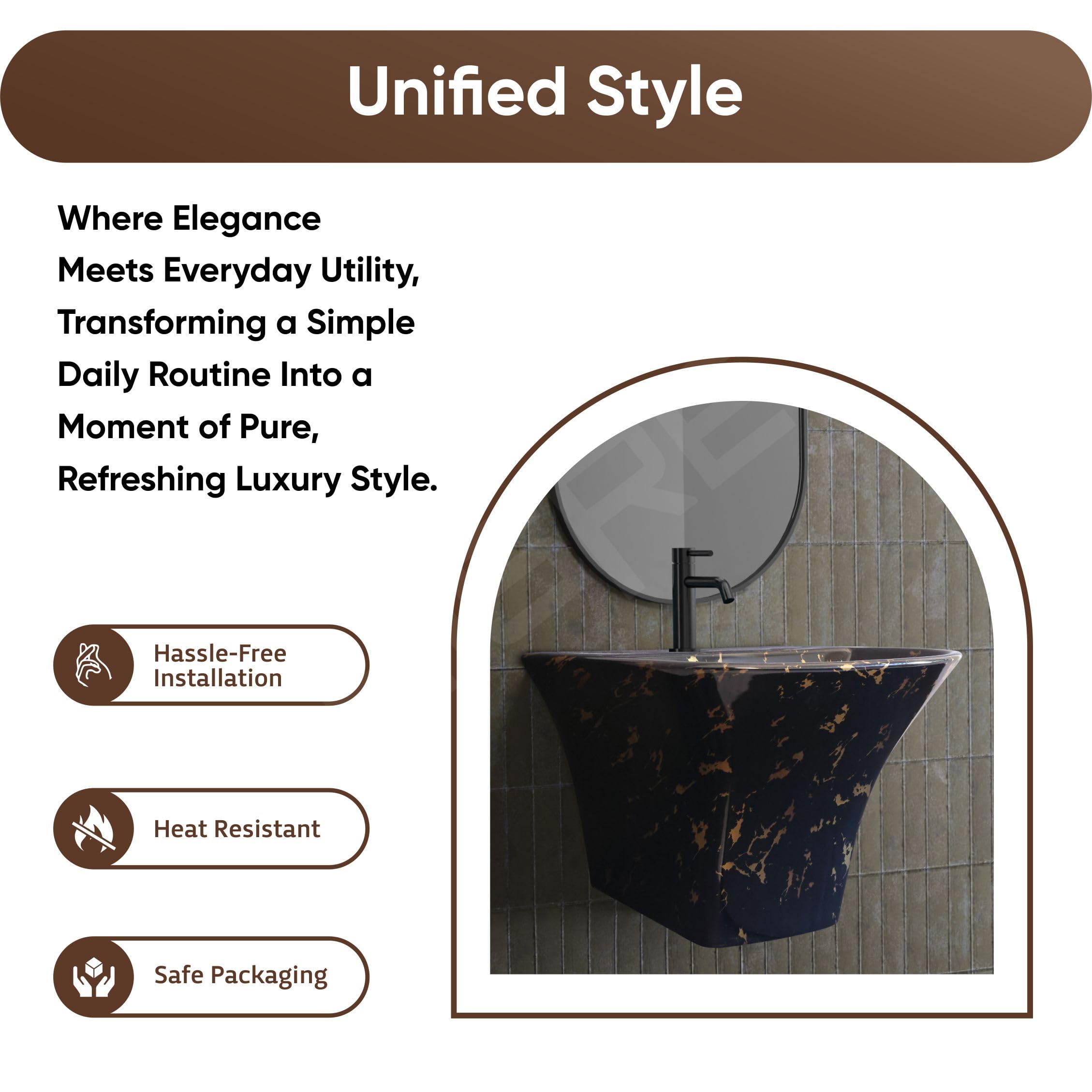 Hisre Modern Wall-Mounted Matte Ceramic Wash Basin with Curved Rectangular Design | Space-Saving Floating Bathroom Sink for Contemporary Interiors (Black 1024), photo 5 of 5
