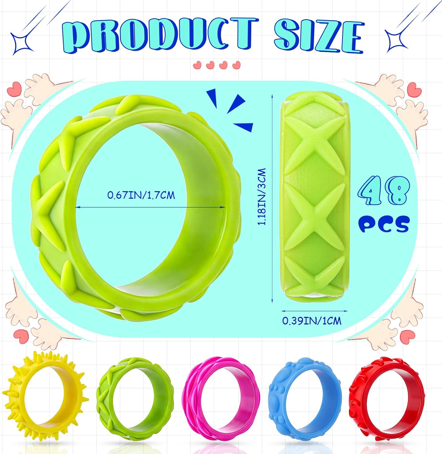 48 Pack Sensory Toys Fidget Rings for Kids Texture Finger Spinner Rings for Anxiety Relief Autism ADHD Quiet Fidgets for Classroom Prizes Party Favors Bulk Piñata Stuffers