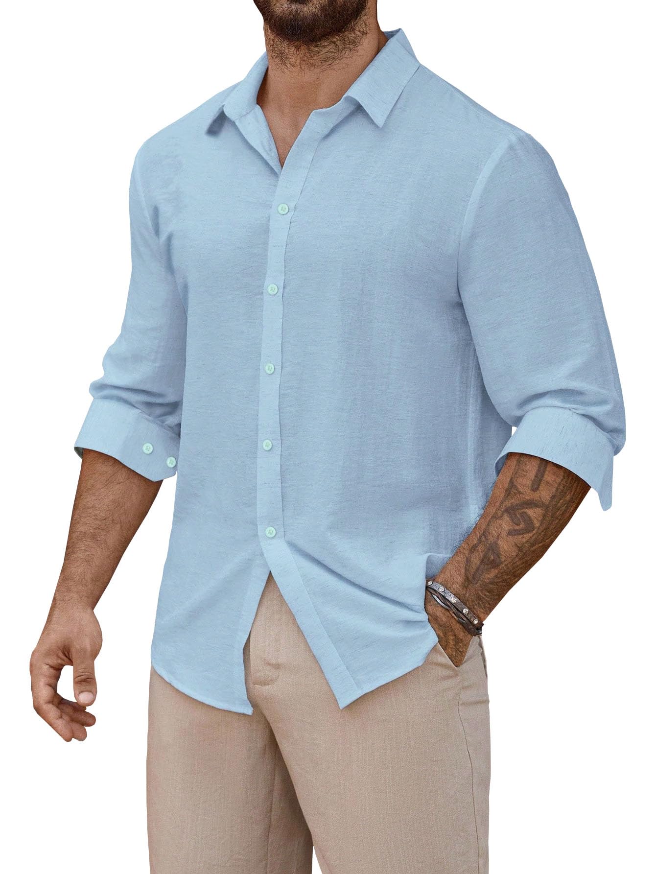 Men's Casual Button Down Shirts Long Sleeve Linen Touch Textured Shirt Wrinkle Free Fashion Casual Vacation Beach Summer Shirt (1001)-picture-21