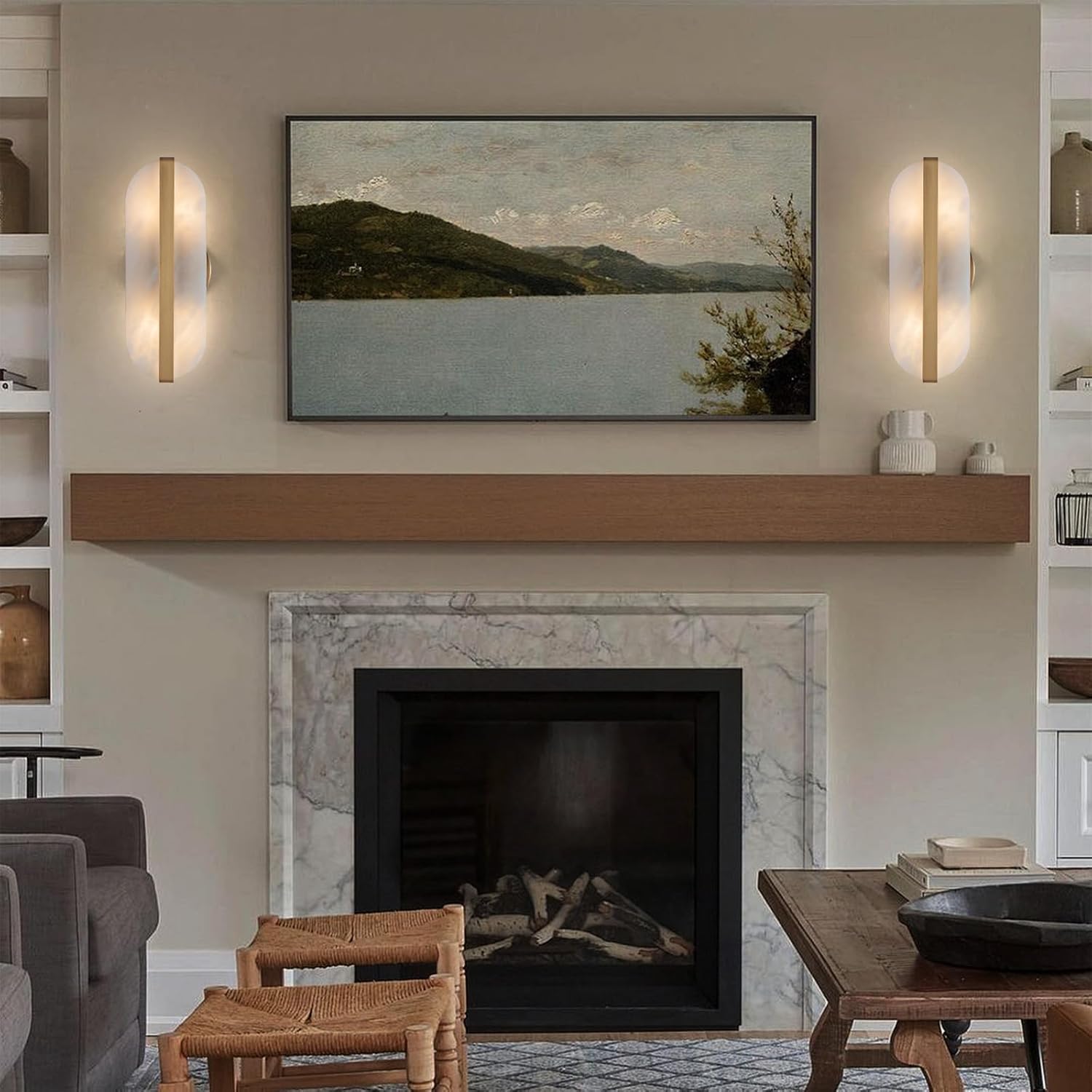 Natural Alabaster Wall Sconces Set of Two Marble Wall Sconces Gold Bathroom Vanity Wall Light Fixtures Modern Oval Stone Wall Lamp for Bedroom Living Room Hallway Restaurant Stairs