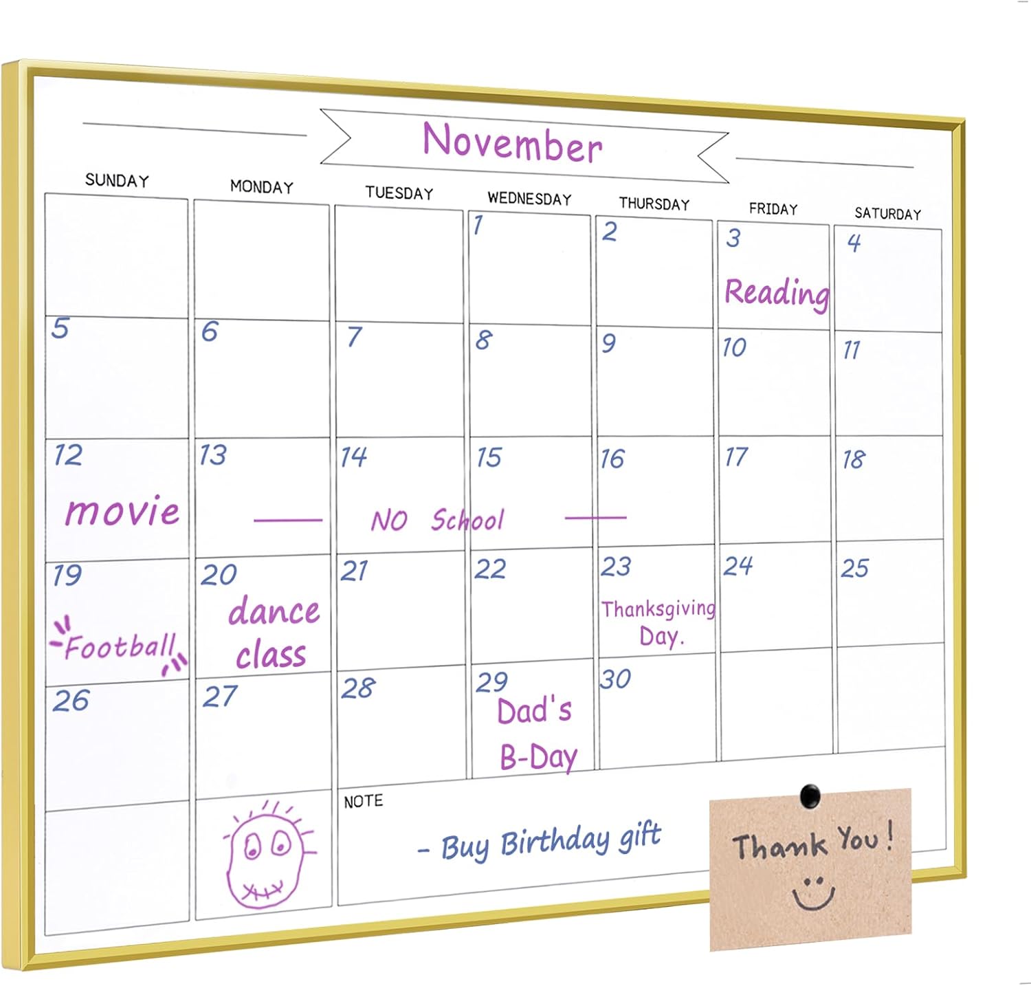 Dry Erase Monthly Calendar Whiteboard, 13"x 17" Gold Aluminum Frame, Magnetic White Board for Wall Office/School/Home, Hanging Board for Decoration/Kitchen Grocery List image 3