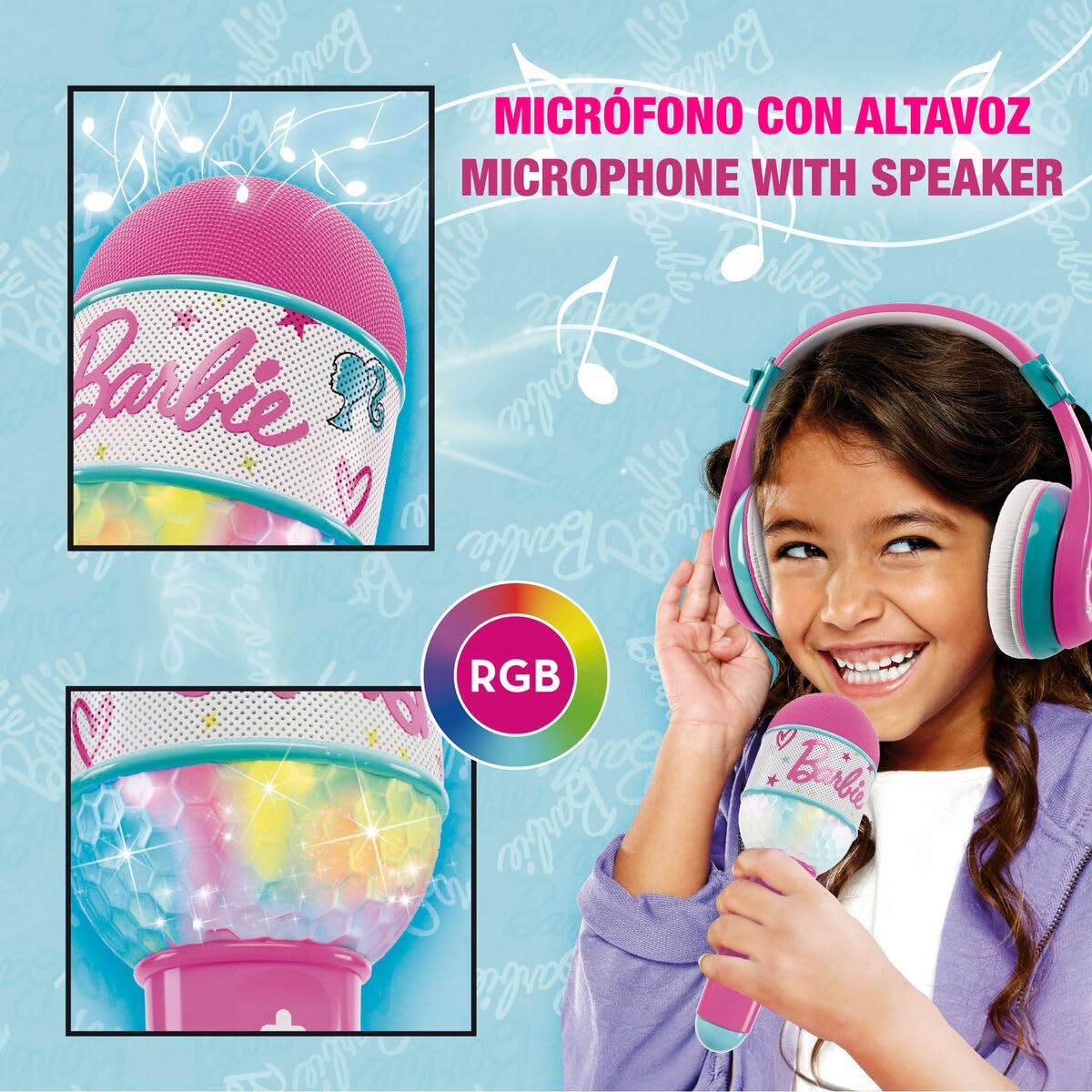 ColorBaby Barbie Set Cuffie Bluetooth senza fili per archetto e microfono, luci colorate, gioco karaoke, con cavo USB, regali per ragazze di 4 anni, giocattoli per ragazze (47868)