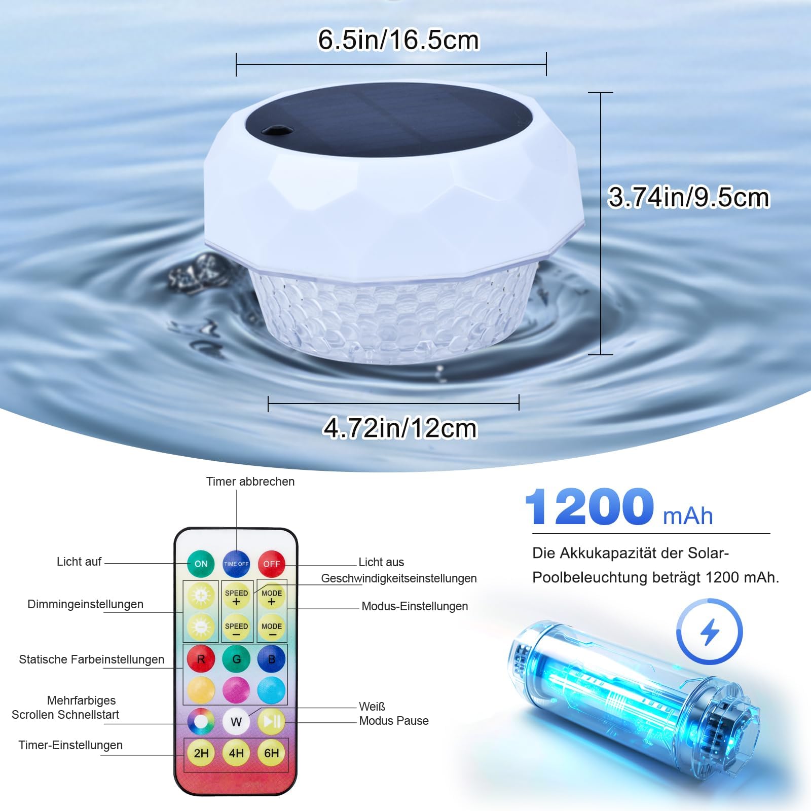 Poolbeleuchtung Solar, Pool Zubehör, Pool Licht RGB LED Dimmbar Mit Fernbedienung, Whirlpool Zubehör, IP68 Wasserdichte, Schwimmbad Teich Deko, Solarleuchten Garten Außen, 1200mAh Akku