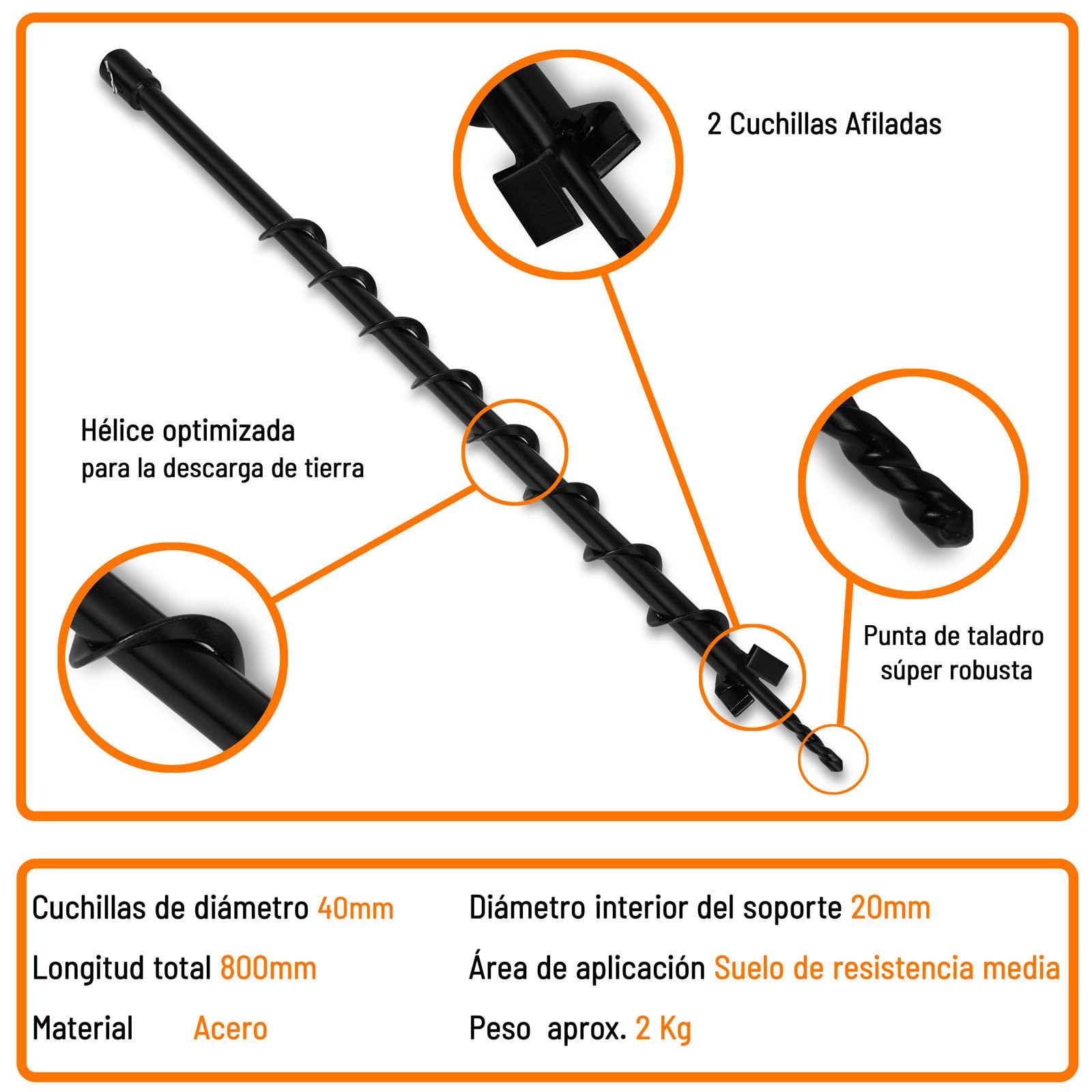 EBERTH Sinfín de Jardín de Acero para Ahoyadora, Compactadora de Tierra y Plantador Manual de Hortalizas, Diámetro 40 mm, Longitud 800 mm, Diámetro de Montaje 20 mm, Con Filo de Corte de 45°