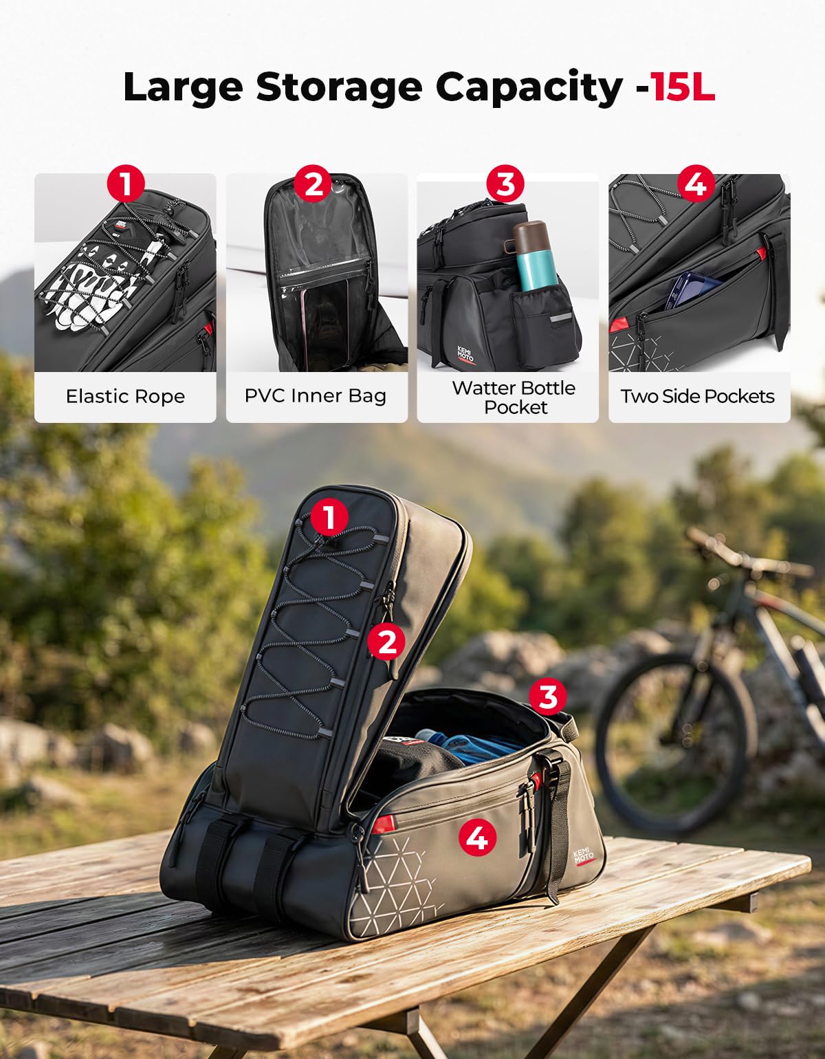 KEMIMOTO Borsa Bici Posteriore 3 in 1, 15L Borsa per Bicicletta Posteriori Impermeabile con Copertura Anti-Pioggia, Borse per Bici con Tracolla e Maniglia per Strada Bike Mountain Bike