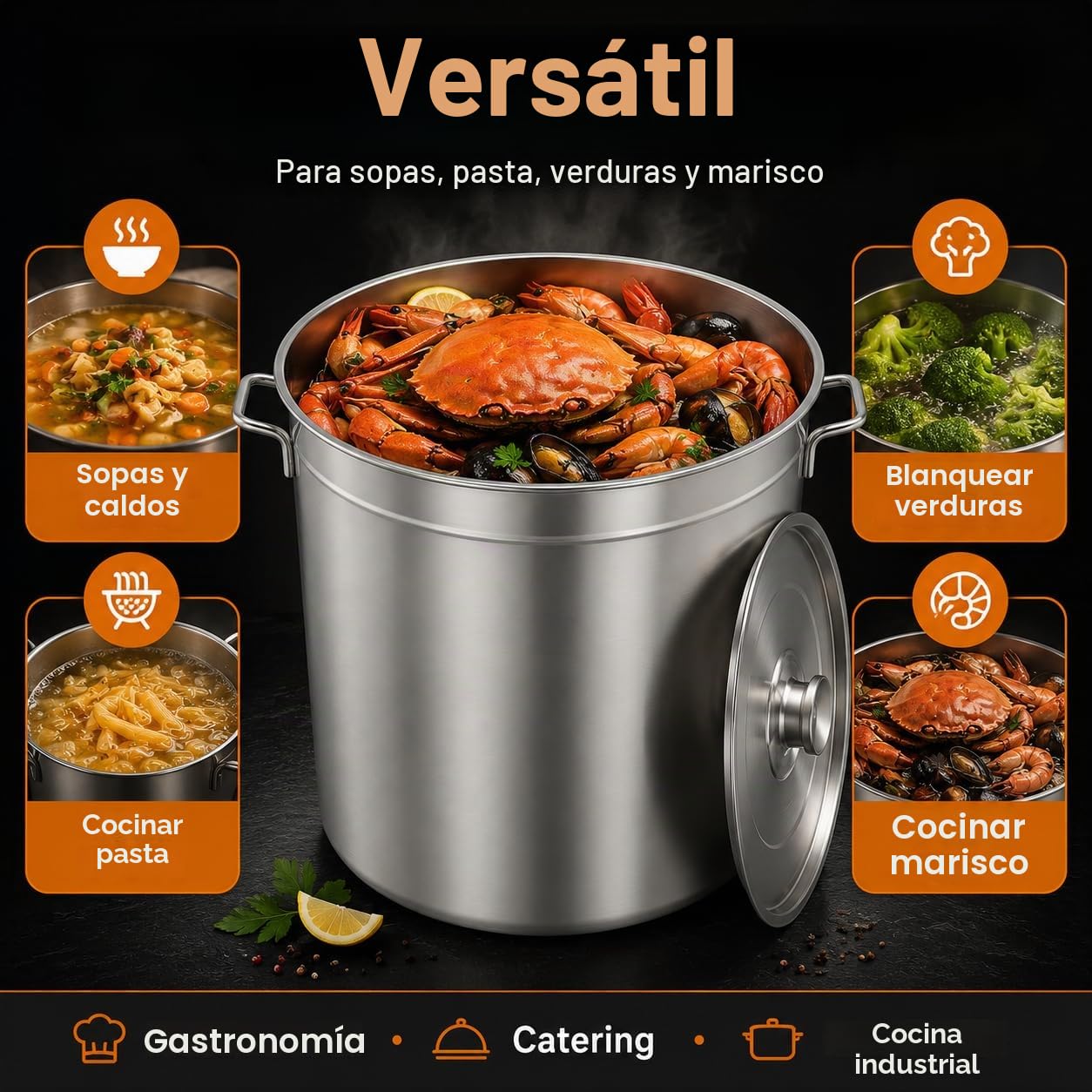 Olla para sopa de 100 L con tapa y cesta colador, acero inoxidable compatible con inducción, olla grande de 50 qt para gastronomía, freír y guisar